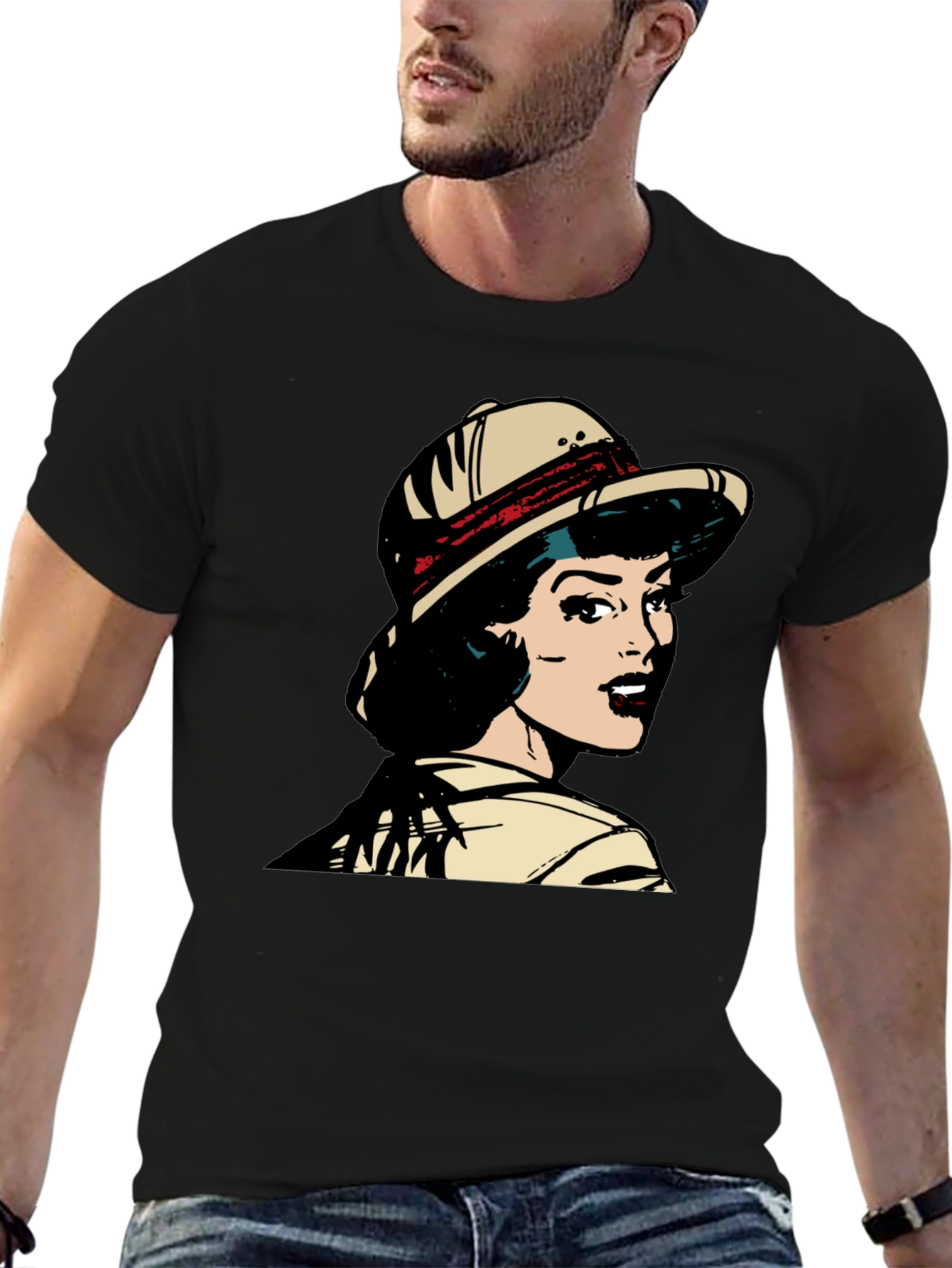 Black Retro Pop Art T-Shirt - Safari Girl Graphic Tee view 6