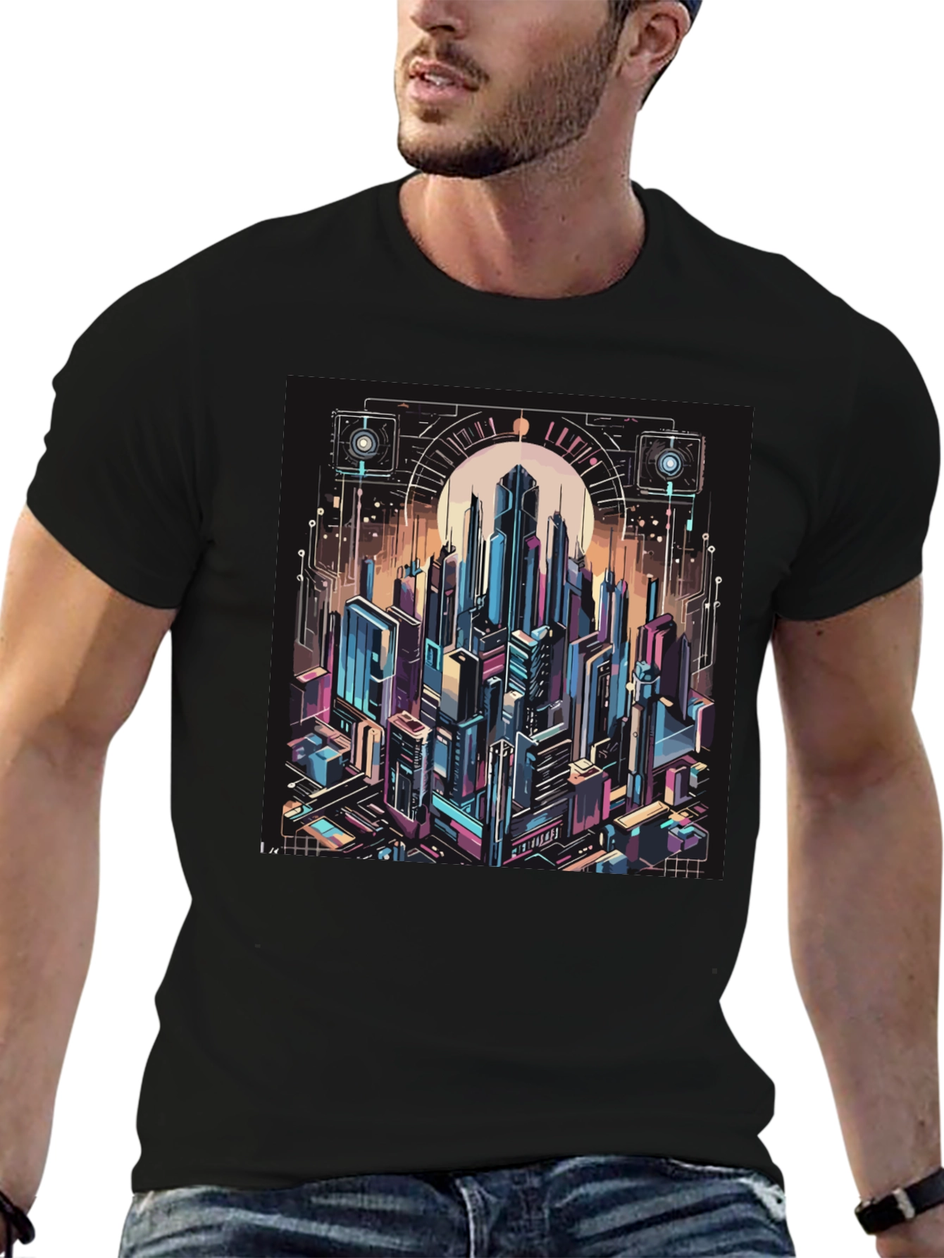Black Cyberpunk Cityscape Graphic Tee - Black view 6