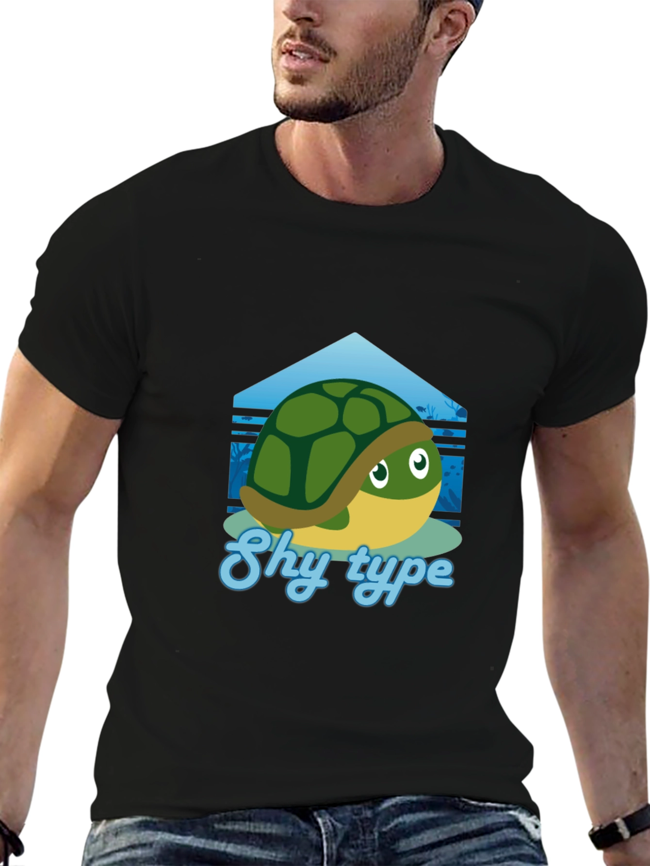 Black Shy Turtle Graphic T-Shirt - Cute Cartoon Design view 6