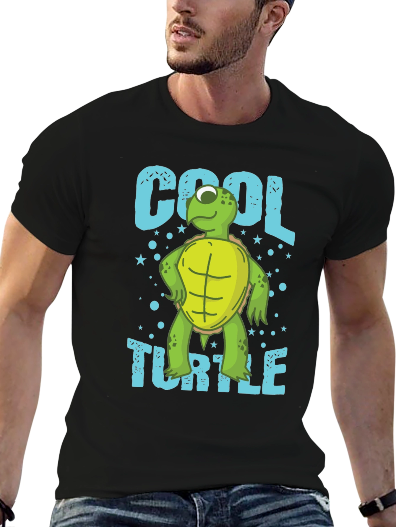 Black Cool Turtle Graphic T-Shirt, Men's Crew Neck view 6