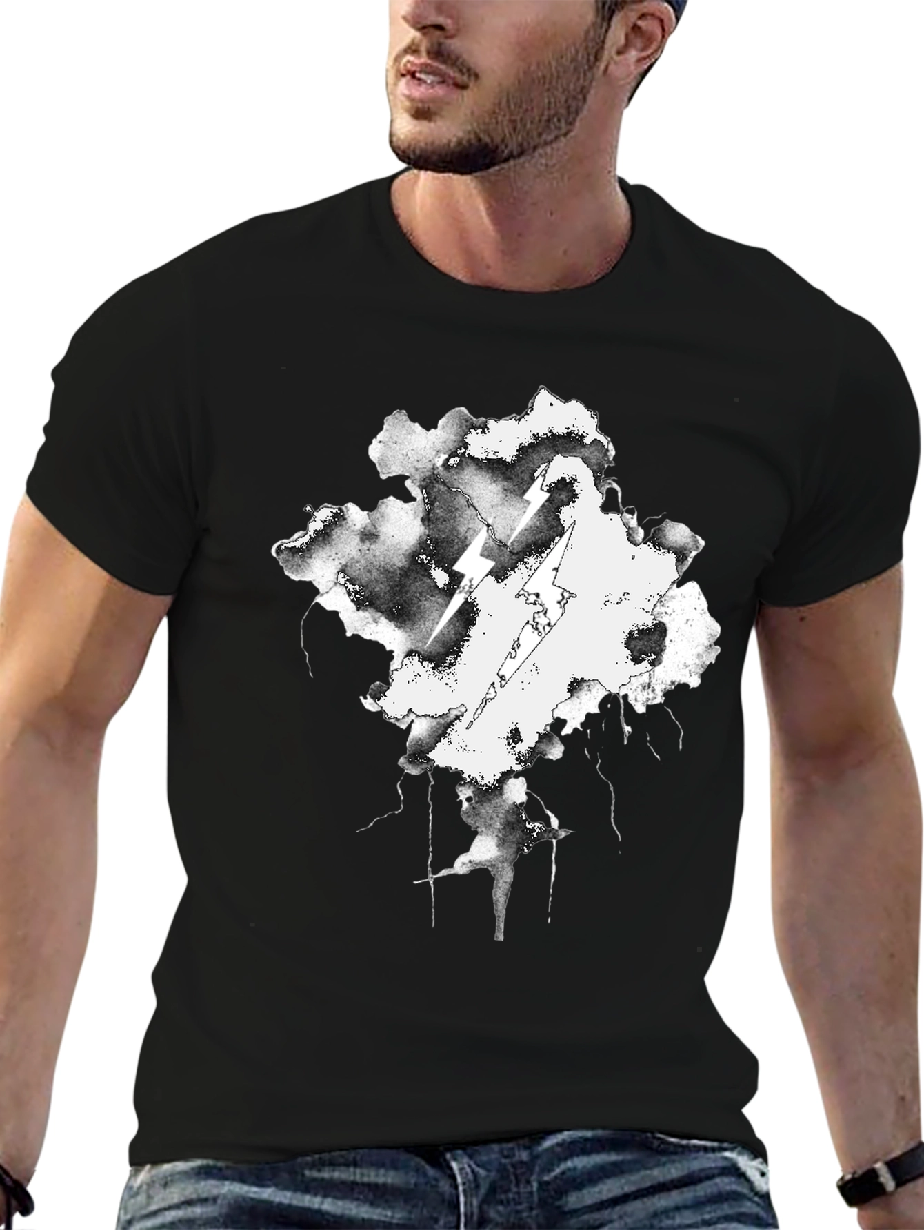 Black Storm Cloud Lightning T-Shirt - Black Cotton Graphic Tee view 6