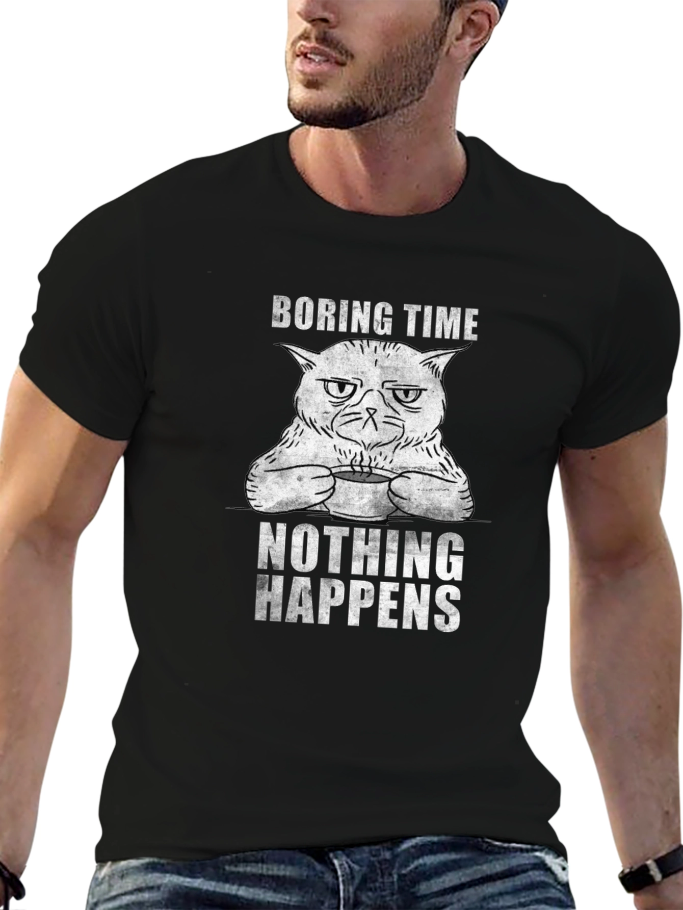 Black Boring Time Cat Graphic Tee - Unisex Cotton T-Shirt view 6