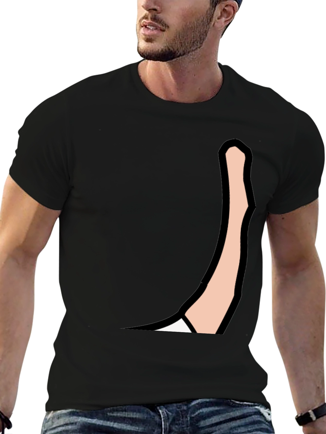 Black Men's Black Graphic Tee: Cartoon Arm Design view 6