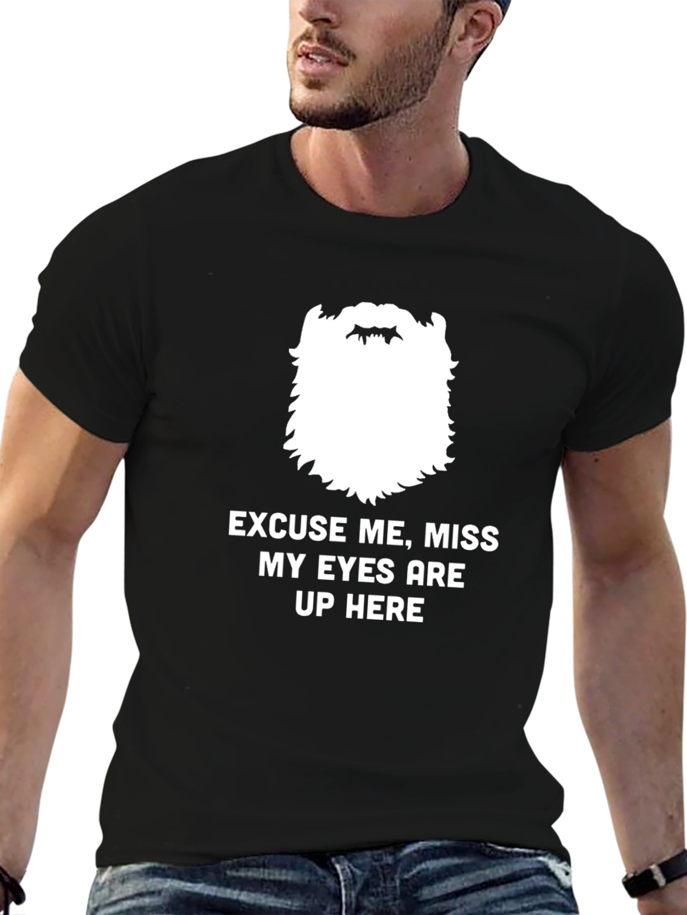 Black Funny Bearded Men's "Eyes Up Here" Graphic Tee view 6