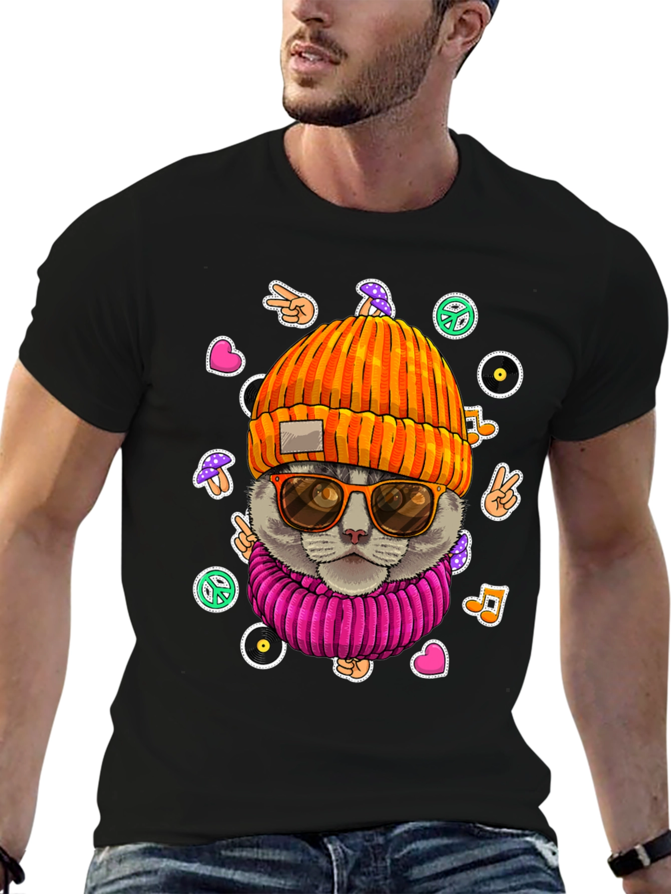 Black Cool Cat Graphic Tee - Hippie Style view 6