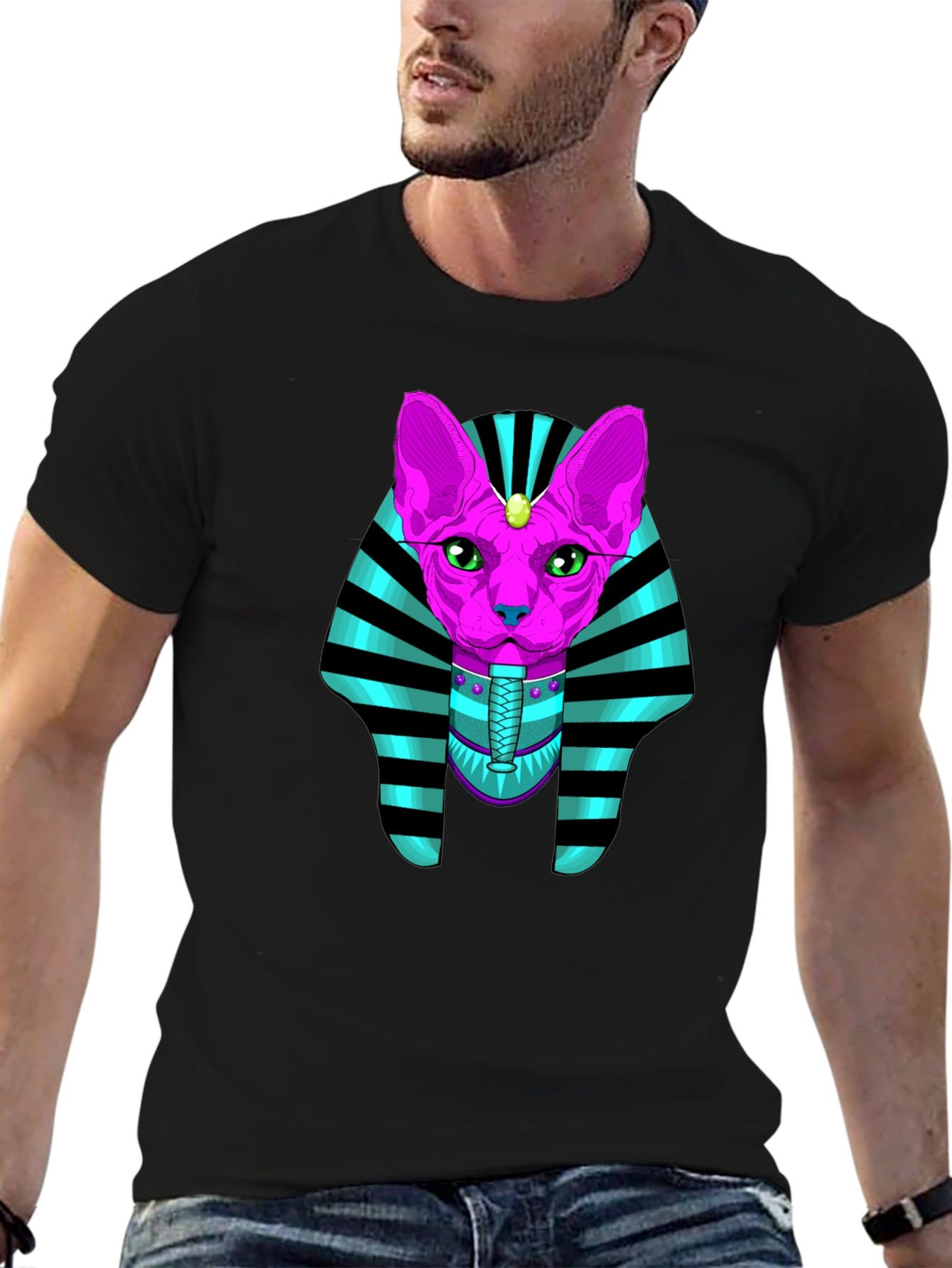 Black Egyptian Cat Pharaoh Graphic T-Shirt view 6