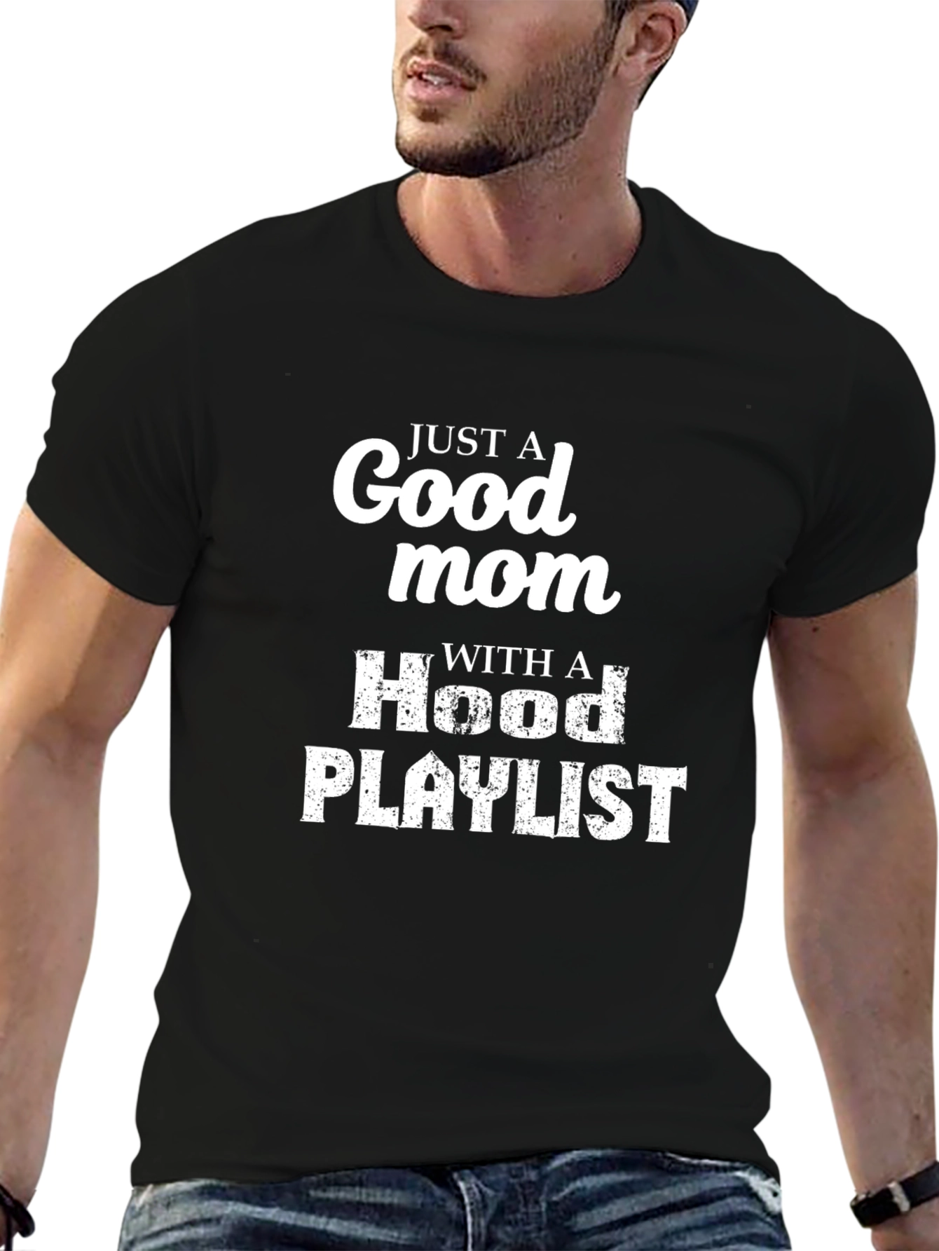 Black Good Mom With A Hood Playlist - Unisex T-Shirt view 6