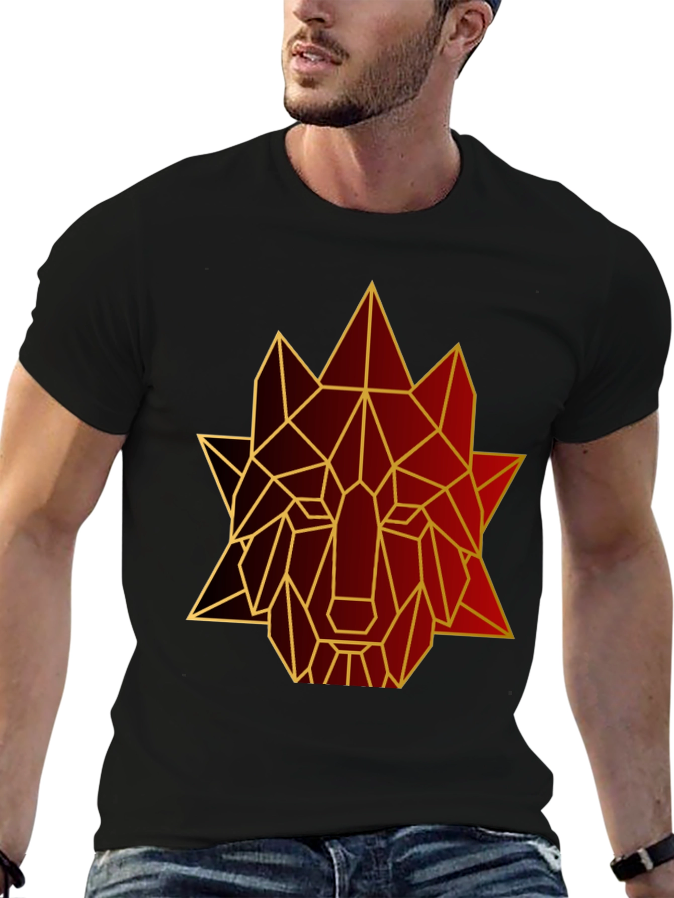 Black Geometric Wolf Graphic Tee - Stylish Men's Black T-Shirt view 6