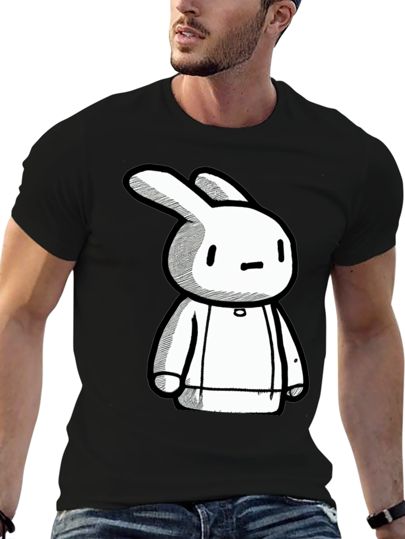Black Cartoon Bunny Graphic Print Black Tee view 6