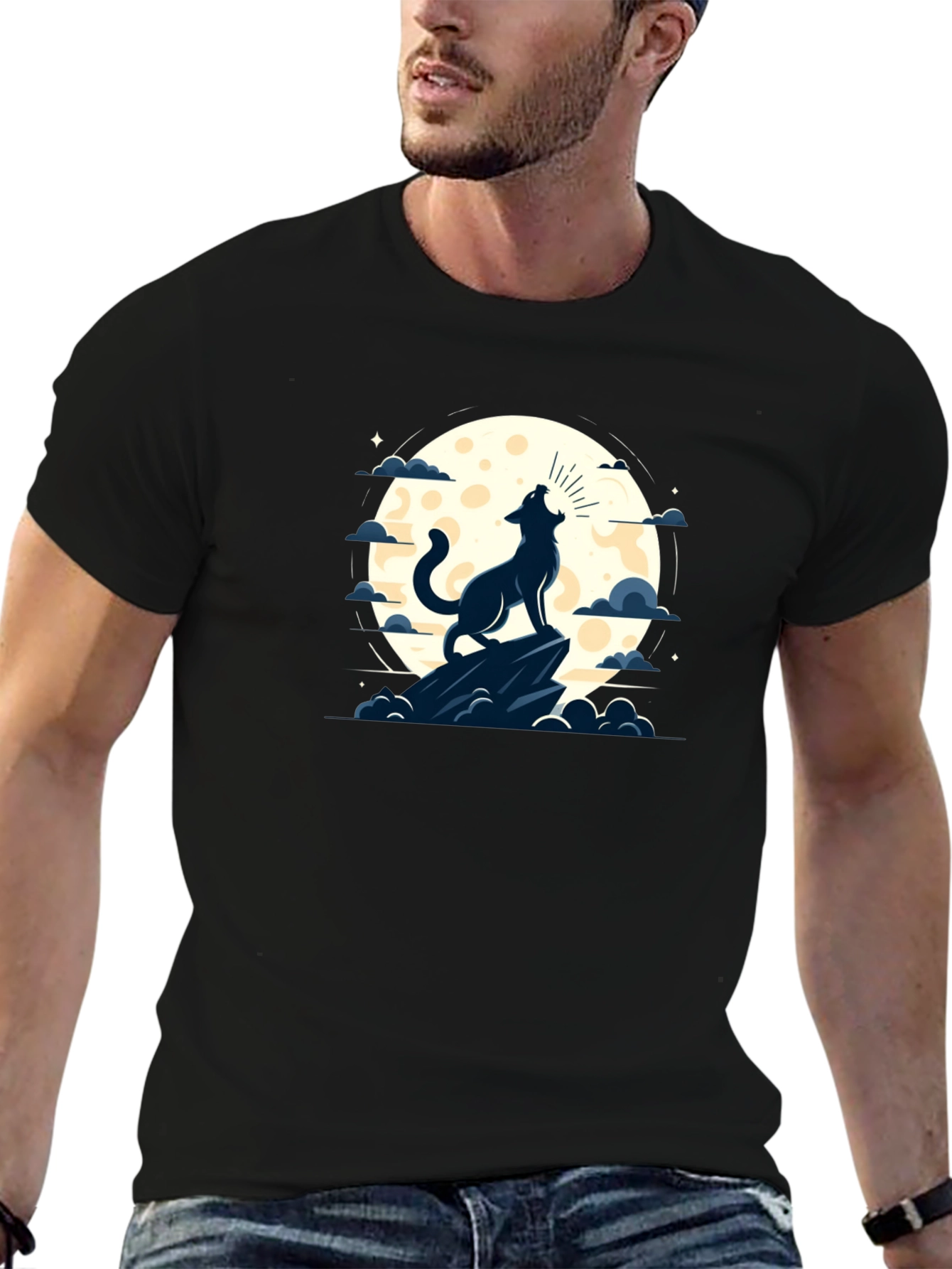 Black Wolf Howling at Moon Graphic Tee - Black view 6