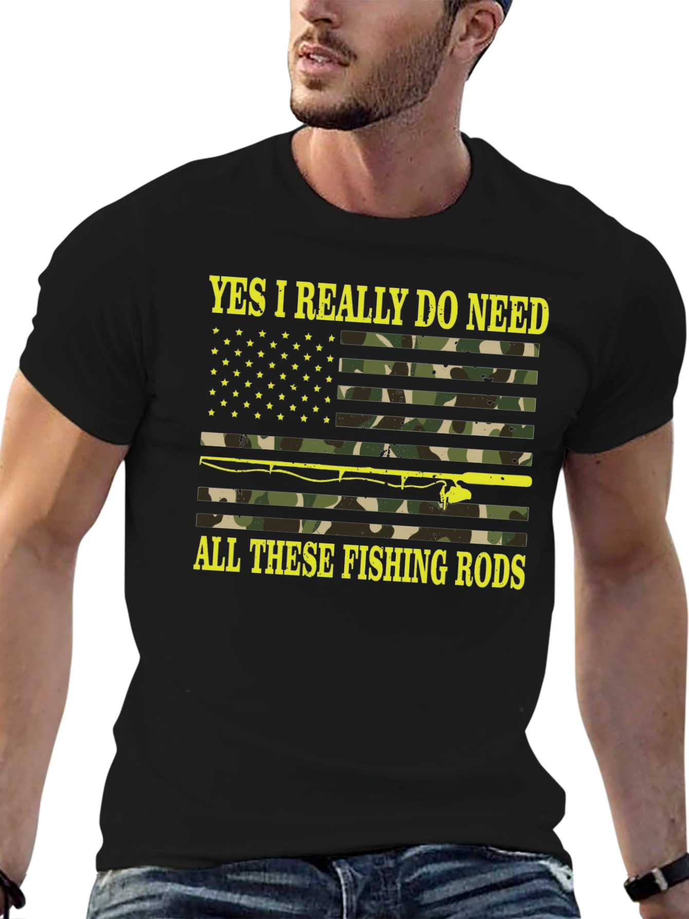 Black Funny Fishing Rods Camo Flag Graphic Tee view 6