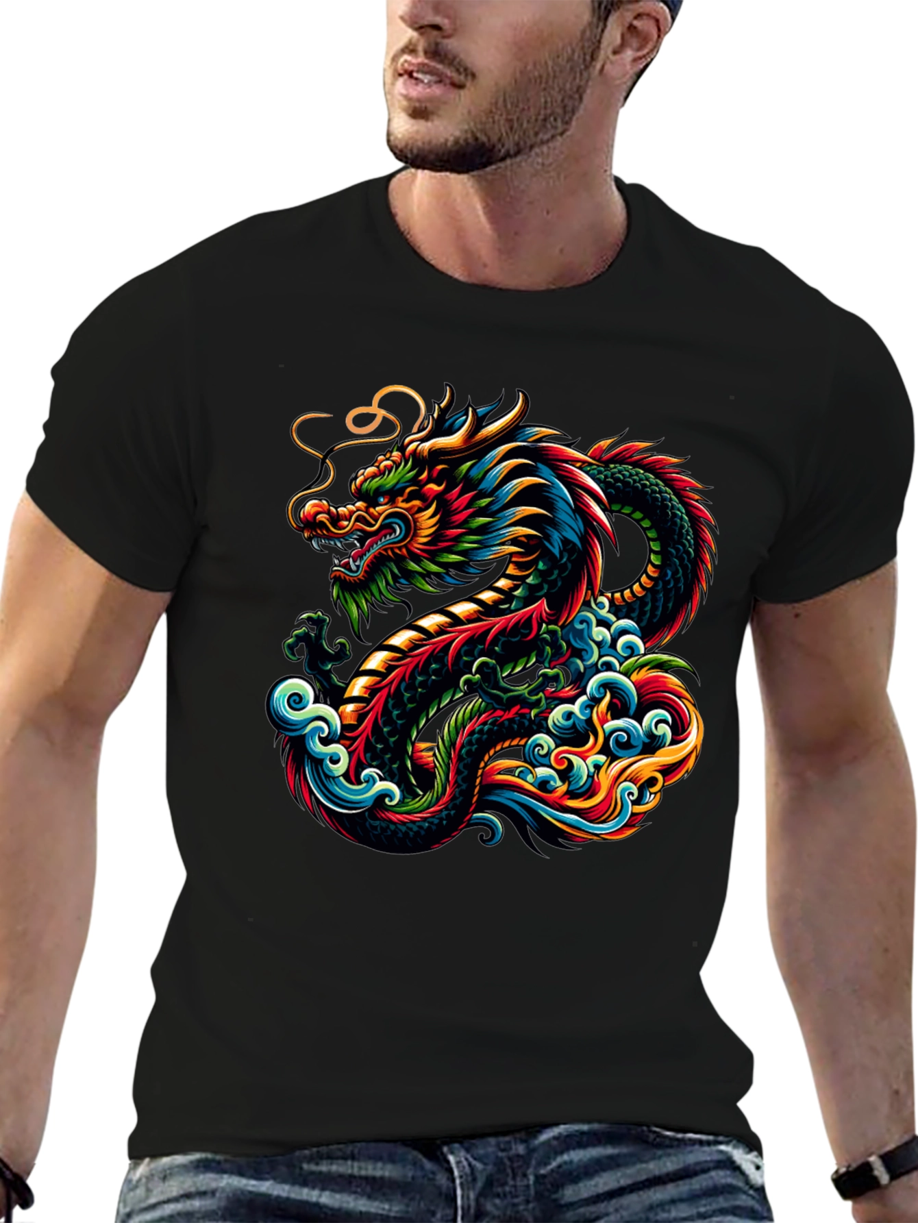 Black Vibrant Dragon Graphic Tee - Black Cotton T-Shirt view 6
