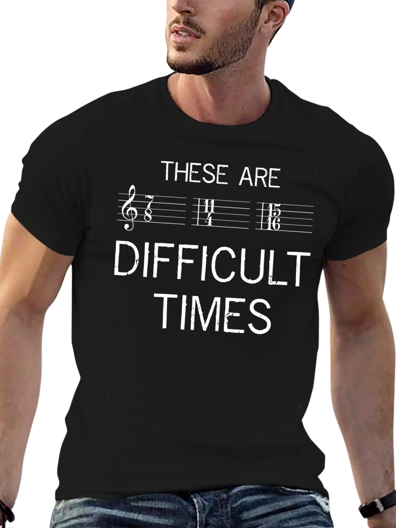 Black Difficult Times Music Pun T-Shirt - Black Cotton Tee view 6