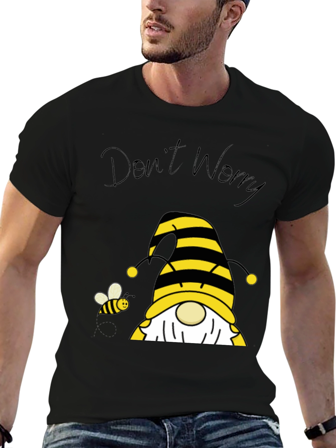 Black Don't Worry Bee Happy Gnome T-Shirt view 6