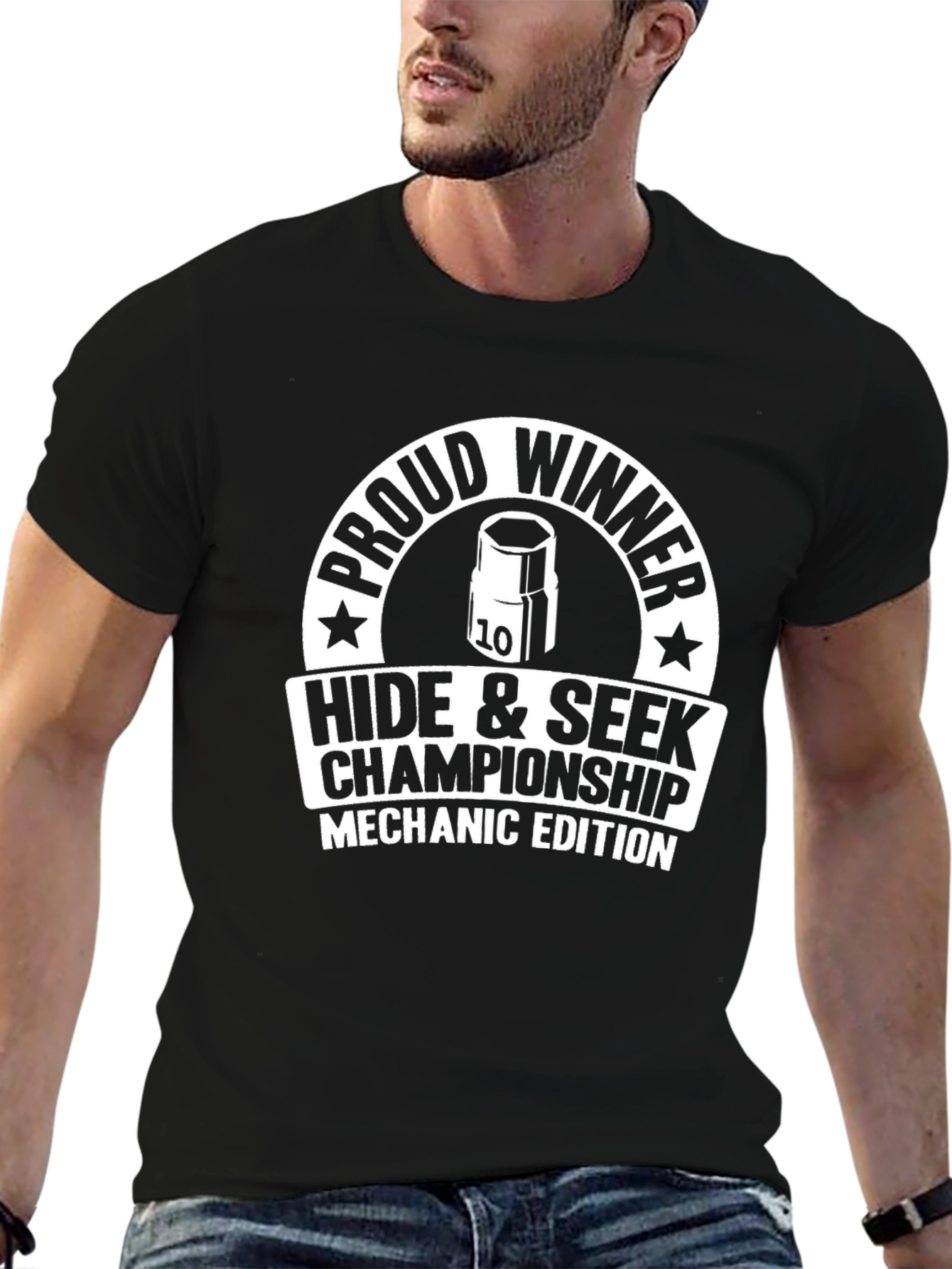 Black Mechanic Hide & Seek Champ T-Shirt view 6