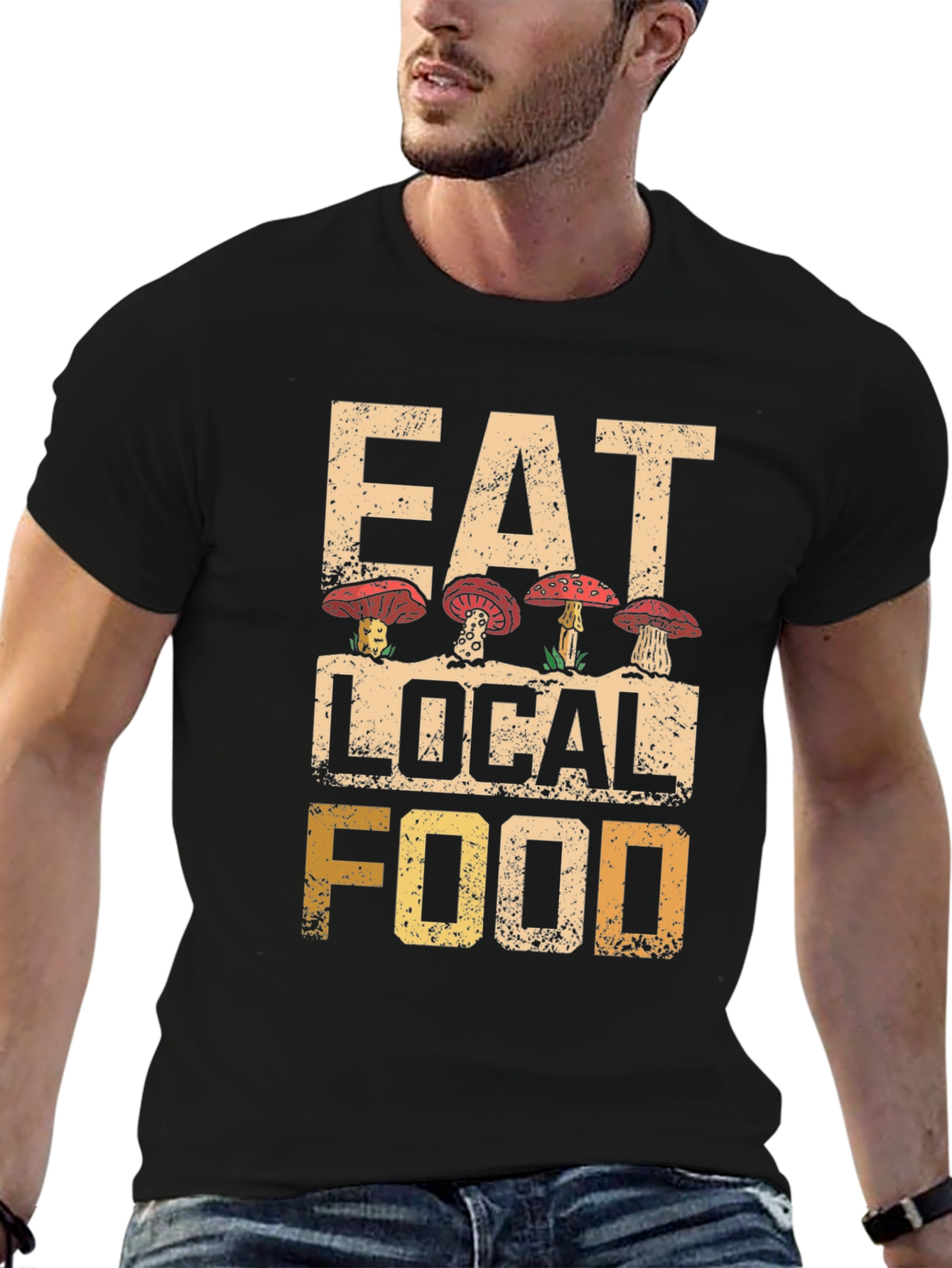 Black Eat Local Food Mushroom T-Shirt view 6