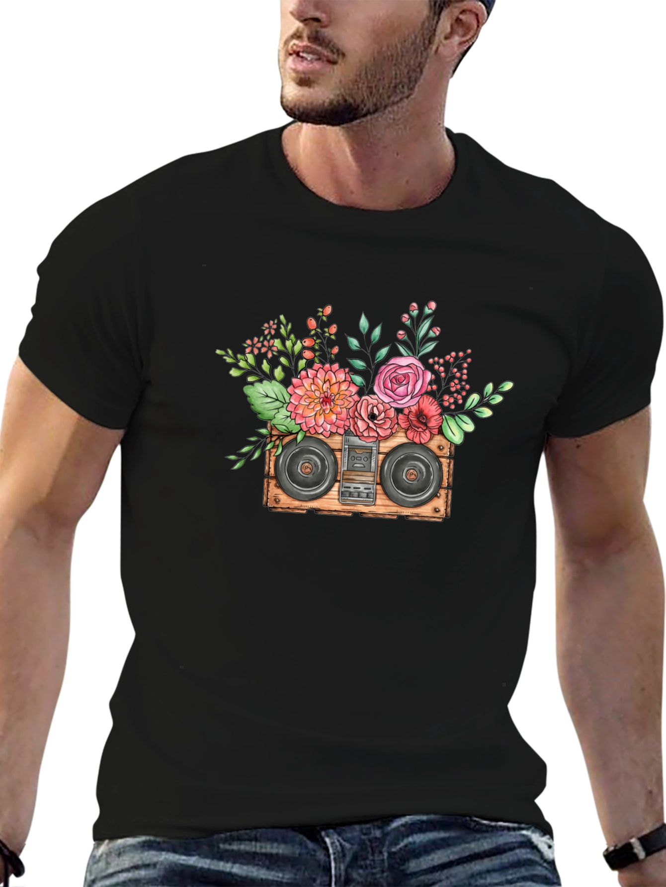 Black Floral Boombox Graphic Tee - Retro Music Style view 6