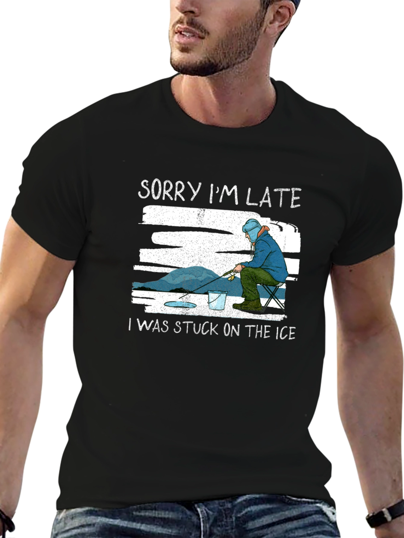 Black Sorry I'm Late Ice Fishing T-Shirt view 6