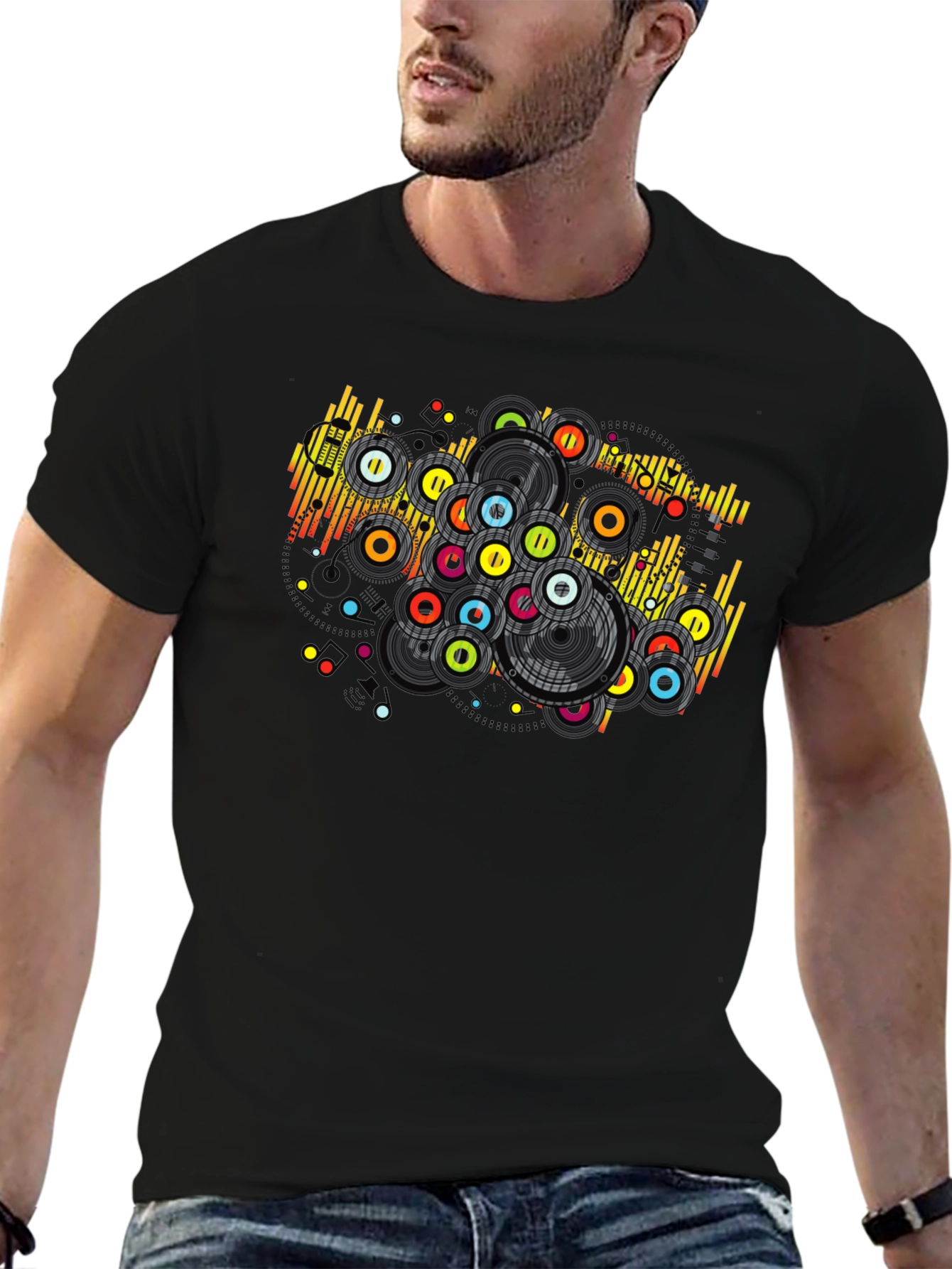 Black Retro Vinyl Record Graphic T-Shirt view 6