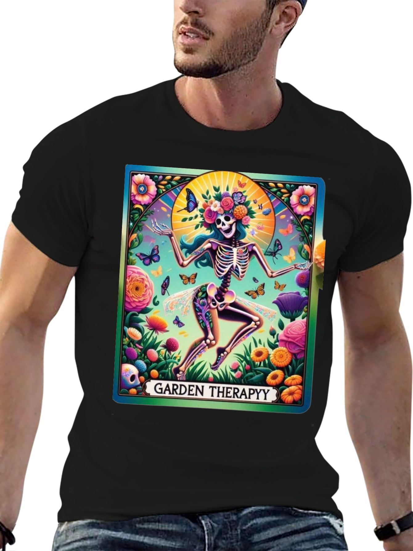 Black Garden Therapy T-Shirt: Skeleton Flower Power Tee view 6