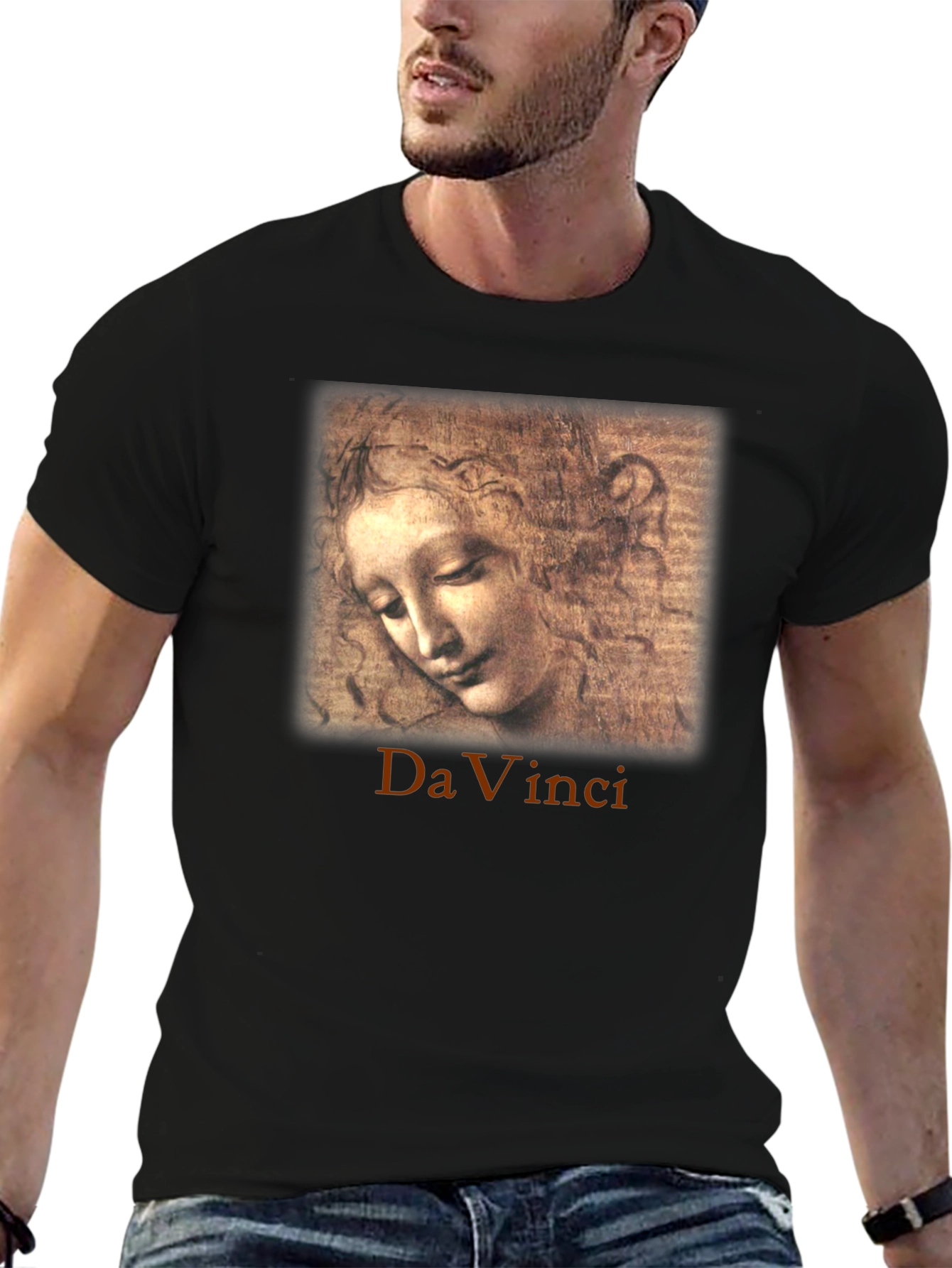 Black Da Vinci Sketch Portrait Graphic T-Shirt view 6