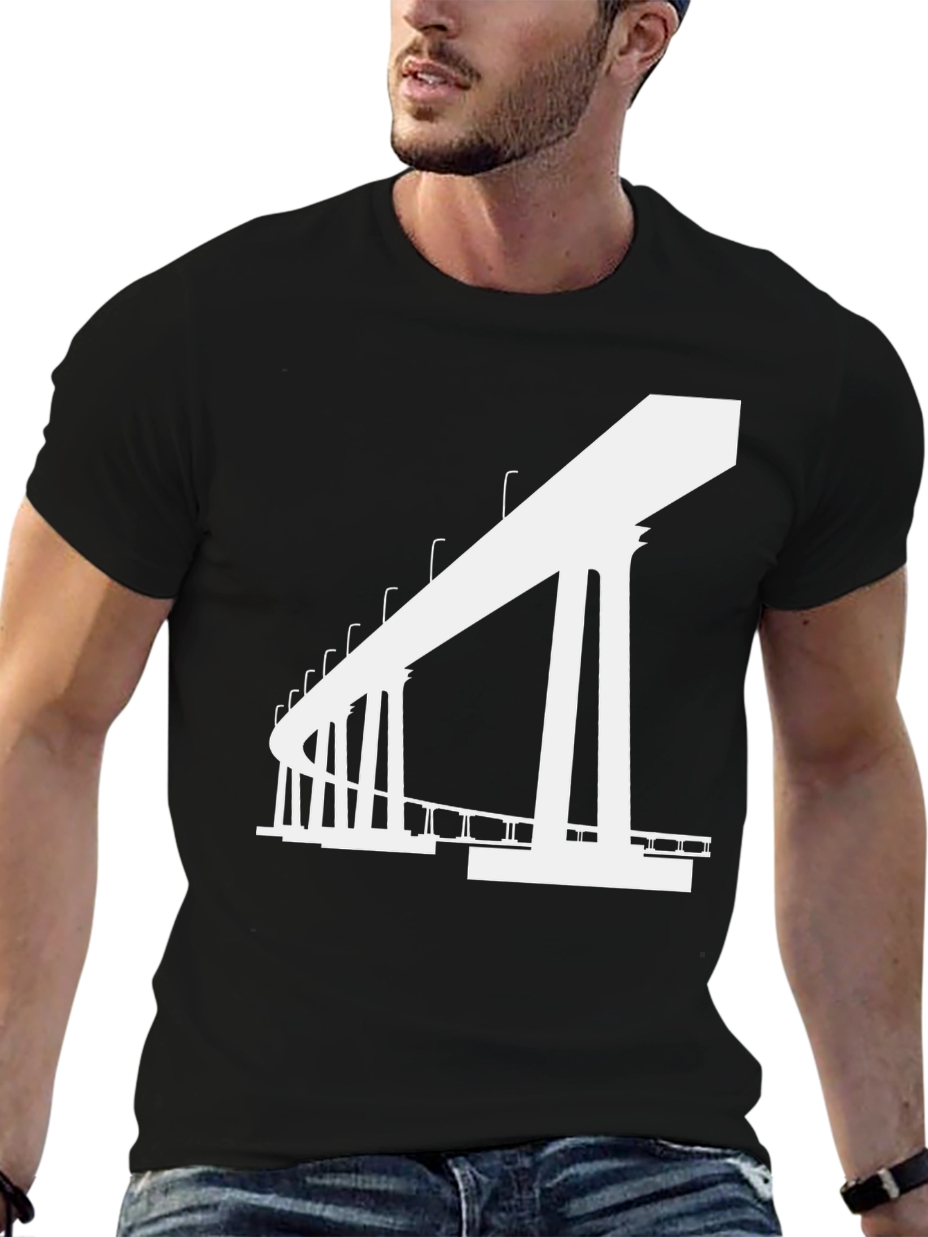 Black Modern Bridge Graphic Tee - Black Cotton T-Shirt view 6