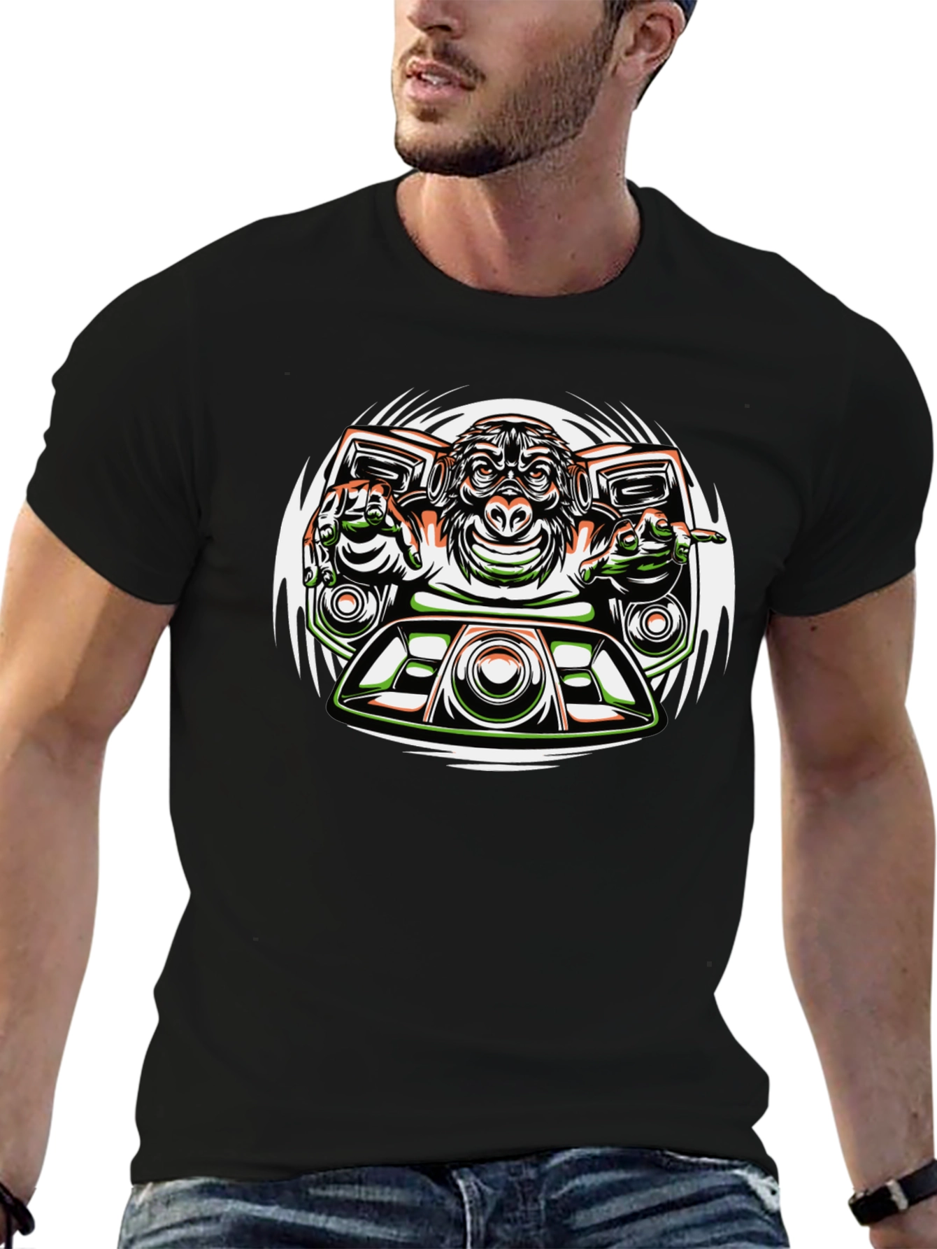 Black DJ Monkey Graphic Tee - Unique Streetwear Design view 6