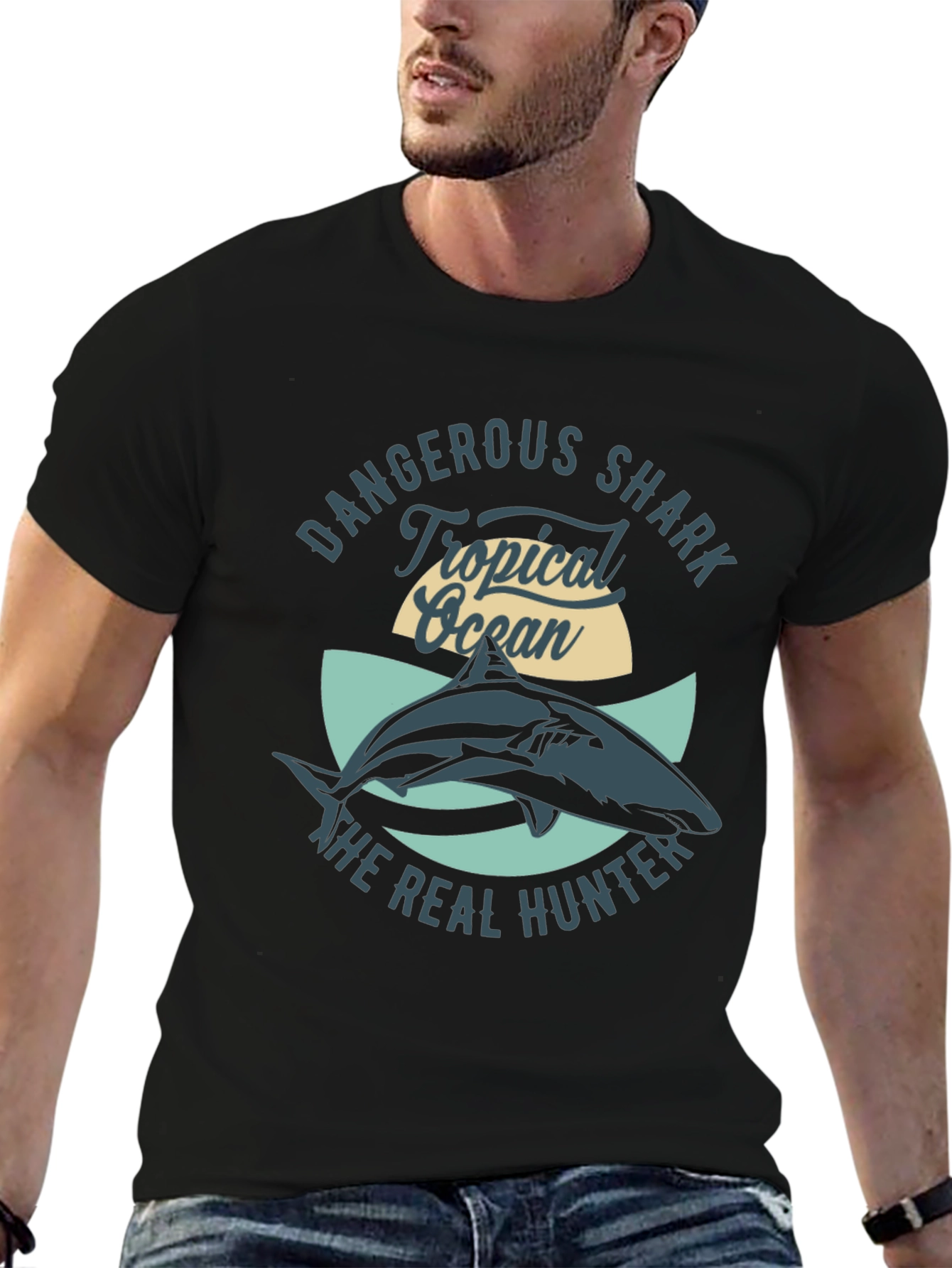 Black Dangerous Shark Tropical Ocean Graphic T-Shirt view 6