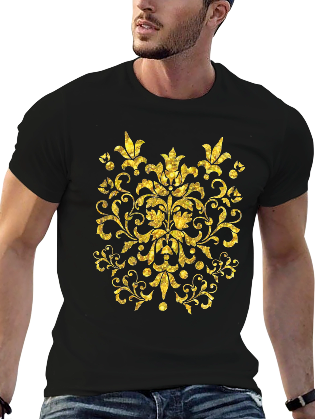 Black Golden Floral Print Black T-Shirt view 6