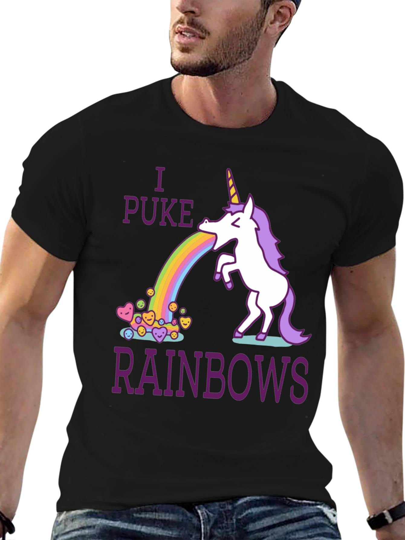 Black I Puke Rainbows Graphic Tee - Unicorn Humor T-Shirt view 6