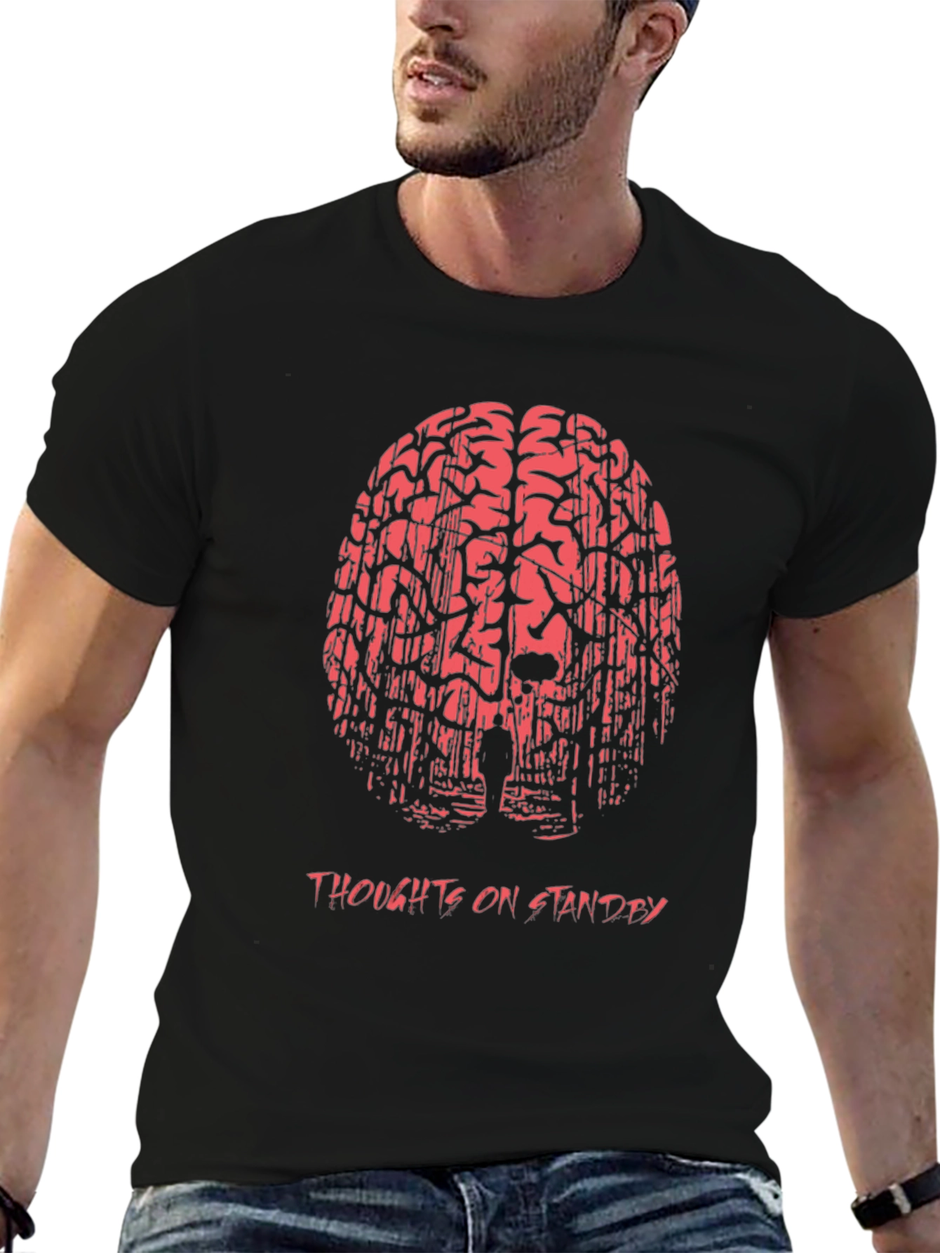 Black Thoughts on Standby Graphic Print T-Shirt view 6