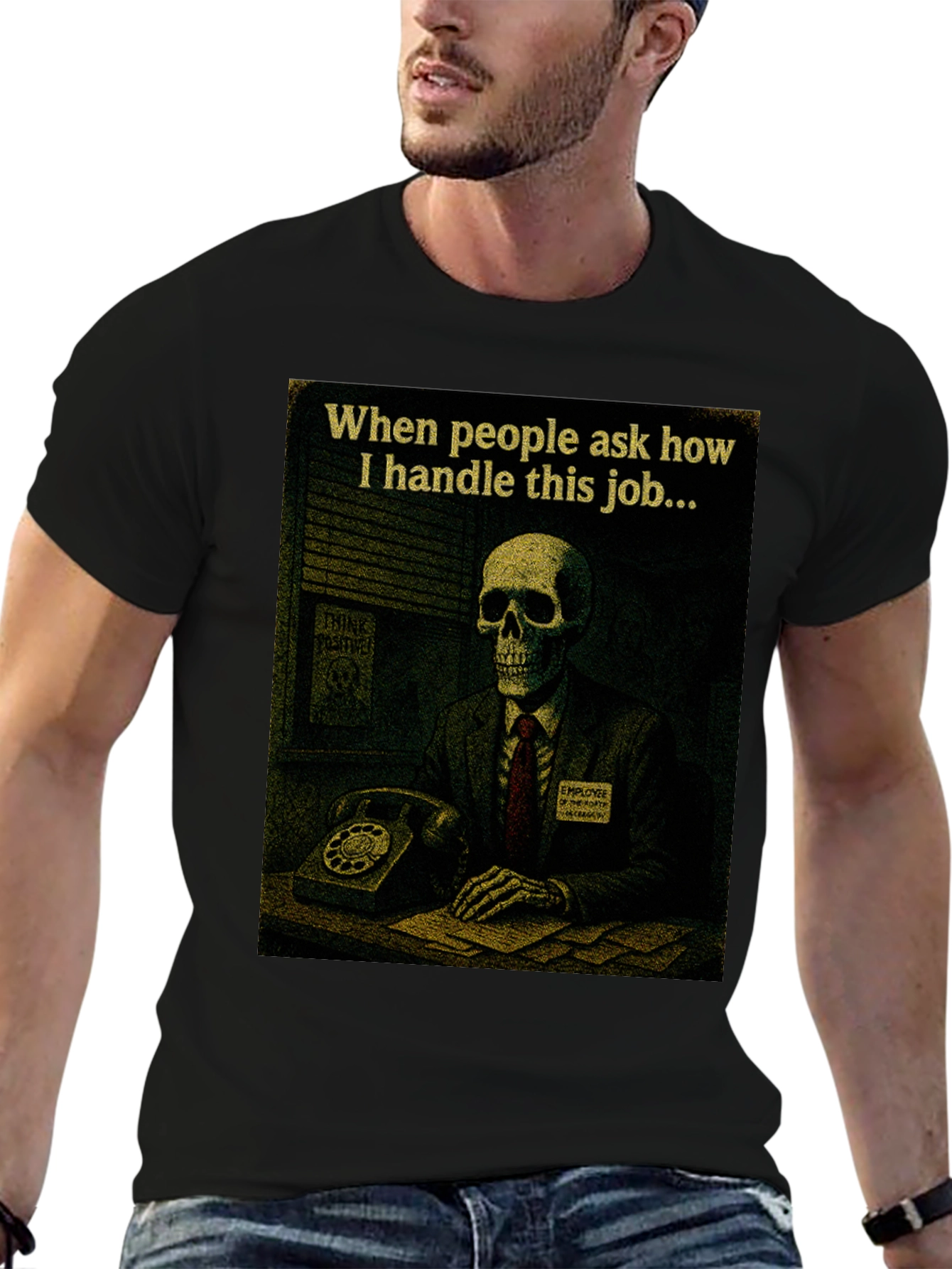 Black Humorous Skeleton Work T-Shirt view 6
