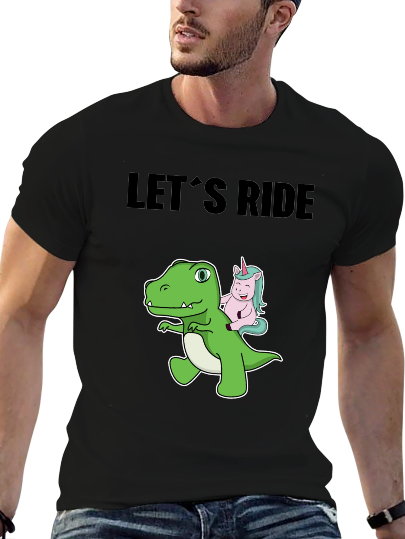 Black Dino and Unicorn Let's Ride Graphic Tee view 6