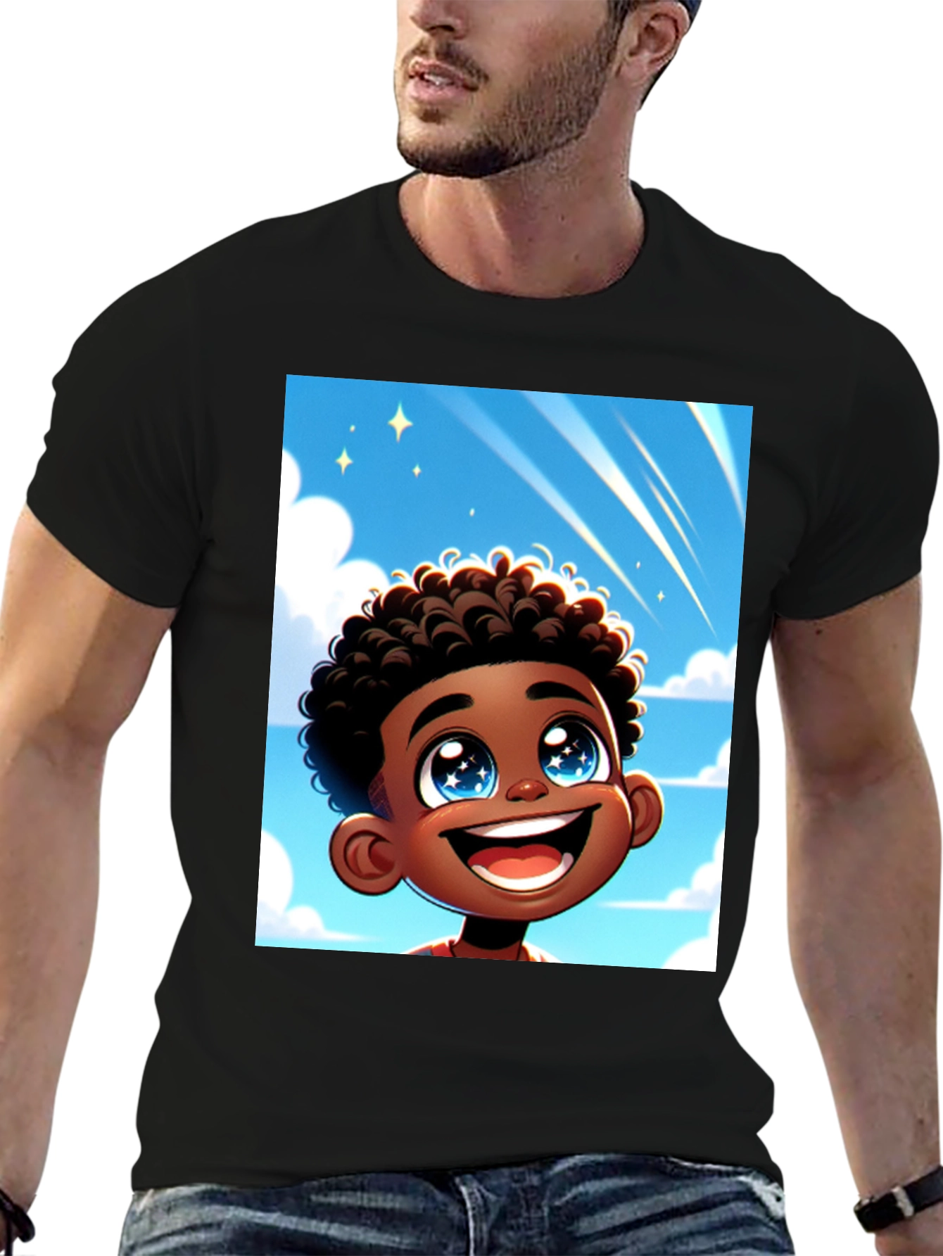 Black Cartoon Boy T-Shirt - Black Cotton Blend view 6