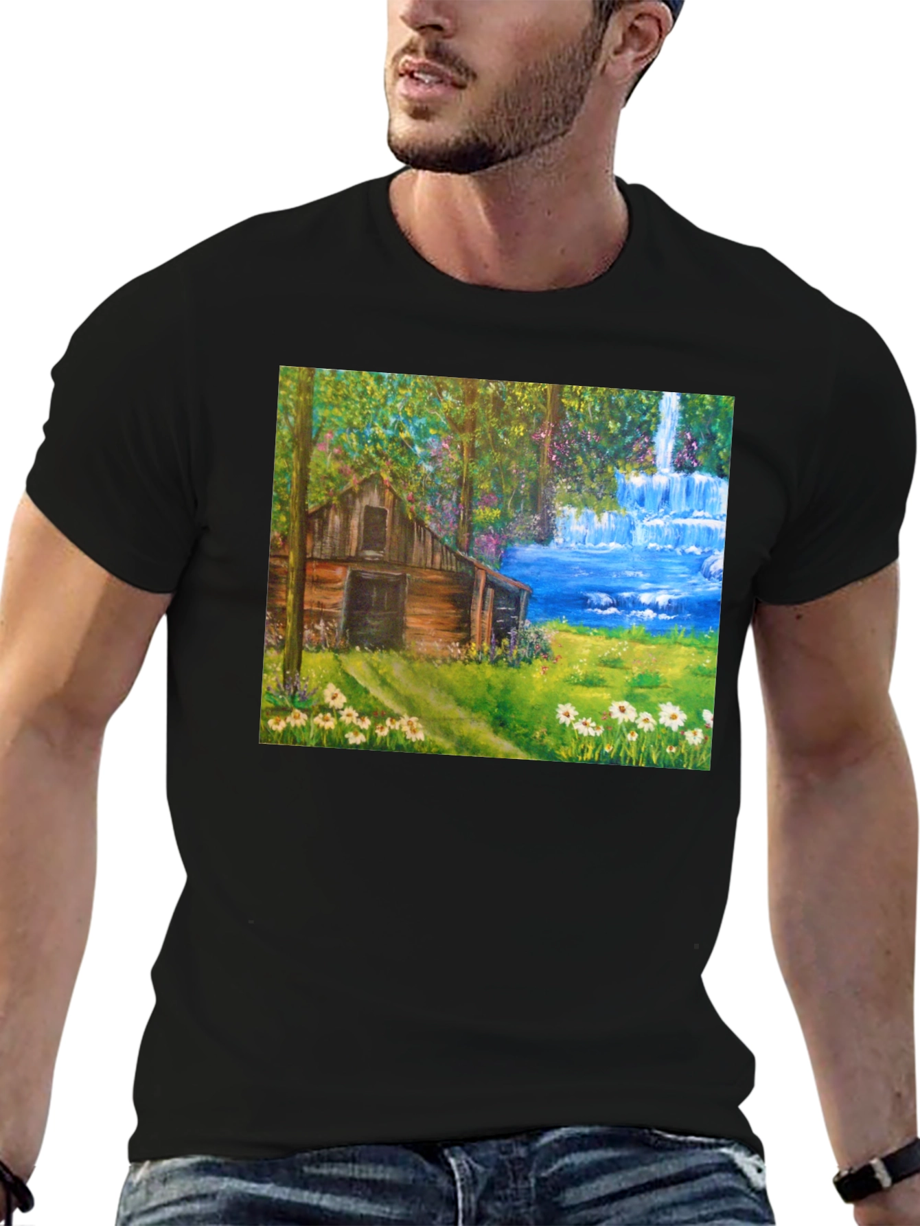 Black Cabin Waterfall Nature T-Shirt view 6