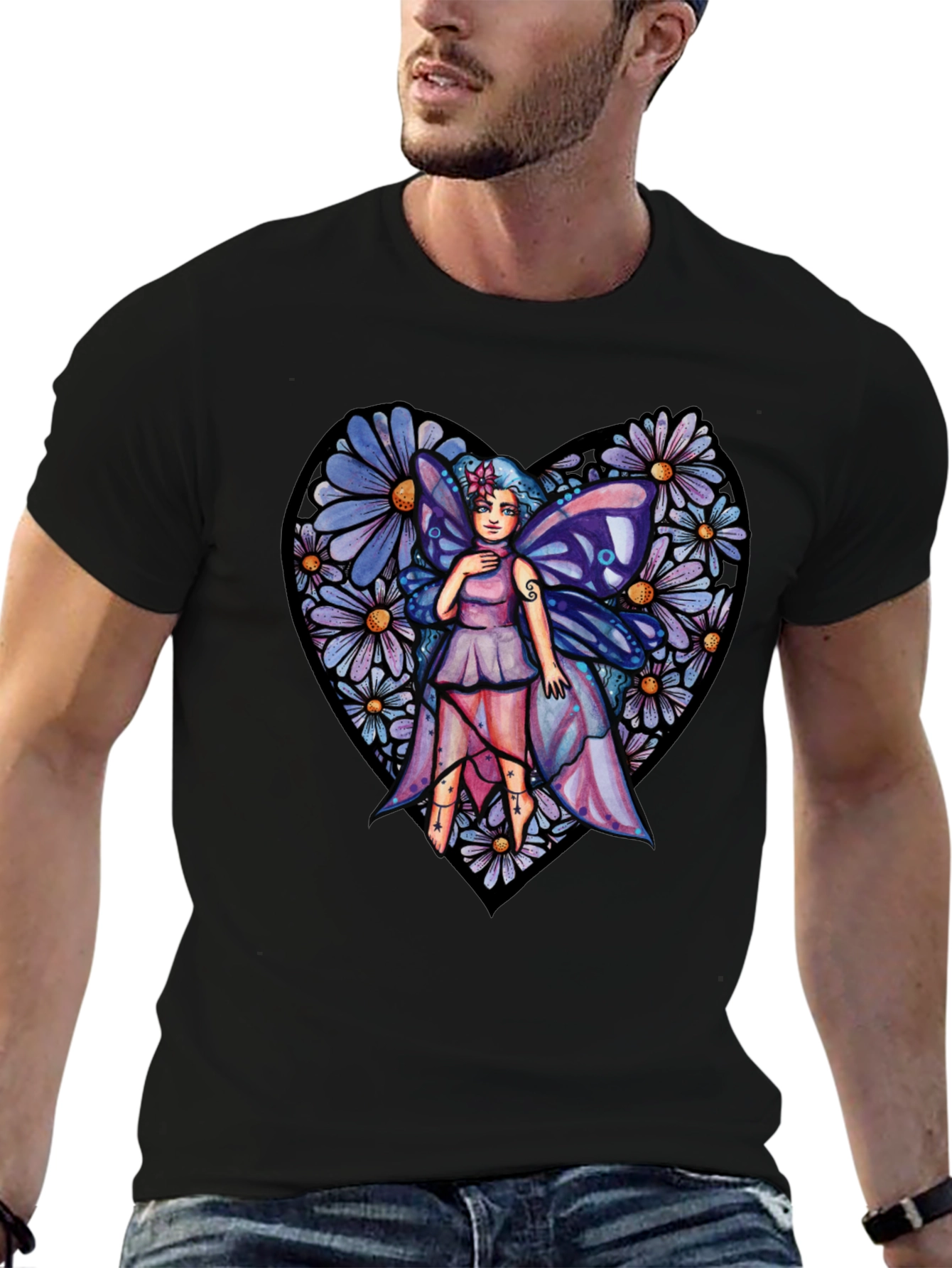 Black Fairy Heart T-Shirt, Floral Graphic Tee, Unique Design view 6