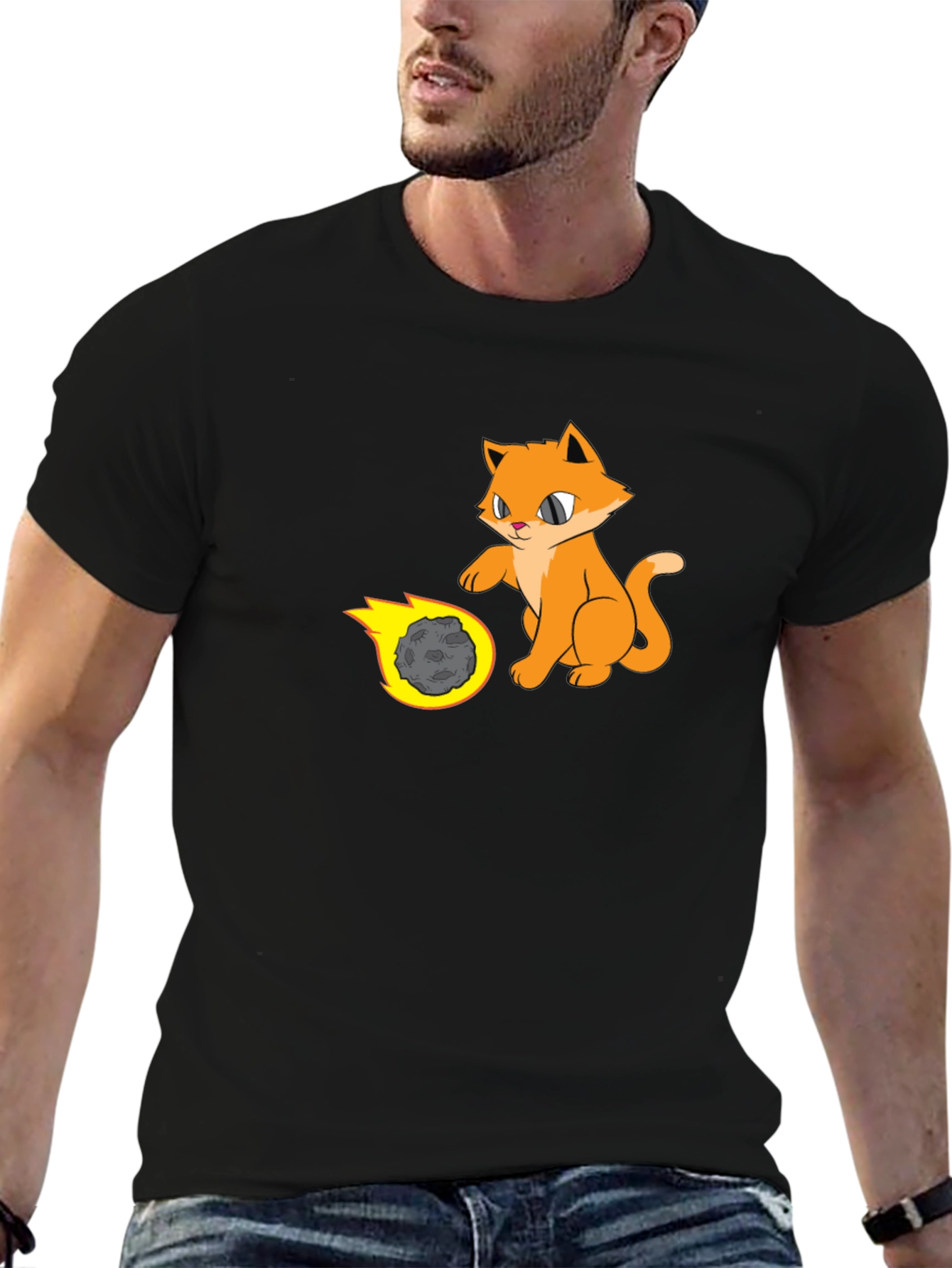 Black Cool Cat Playing with Meteor T-Shirt view 6