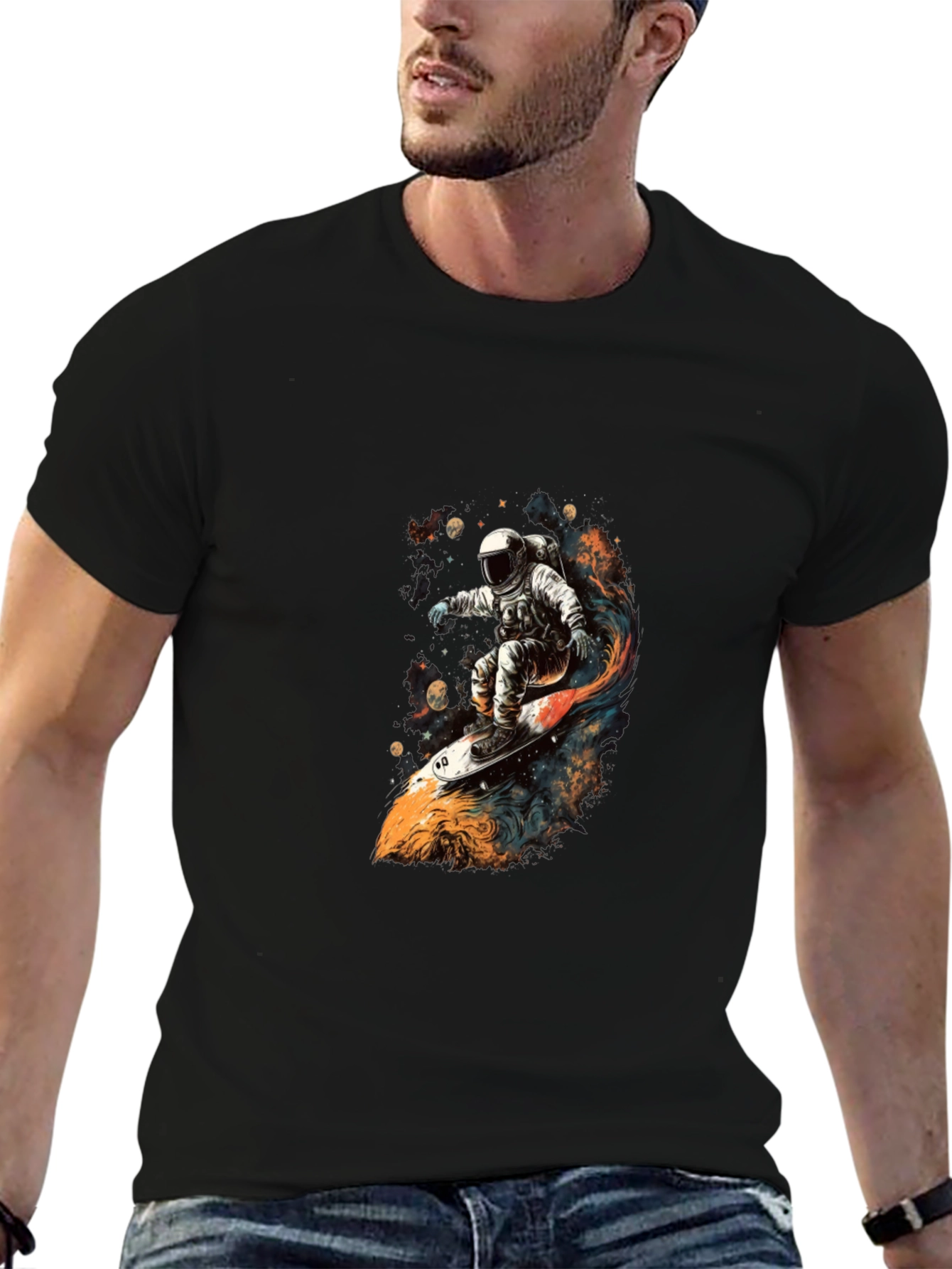 Black Astronaut Space Surfer Graphic T-Shirt view 6