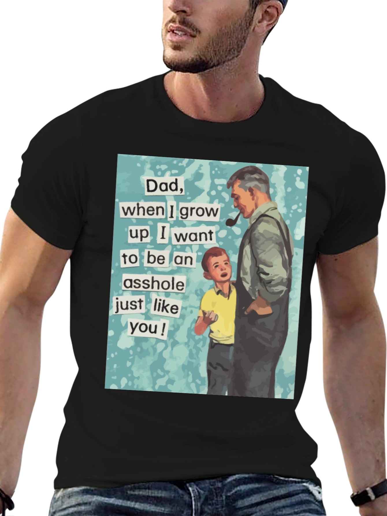 Black Humorous "Dad, Asshole" Graphic Tee - Black Cotton Blend view 6