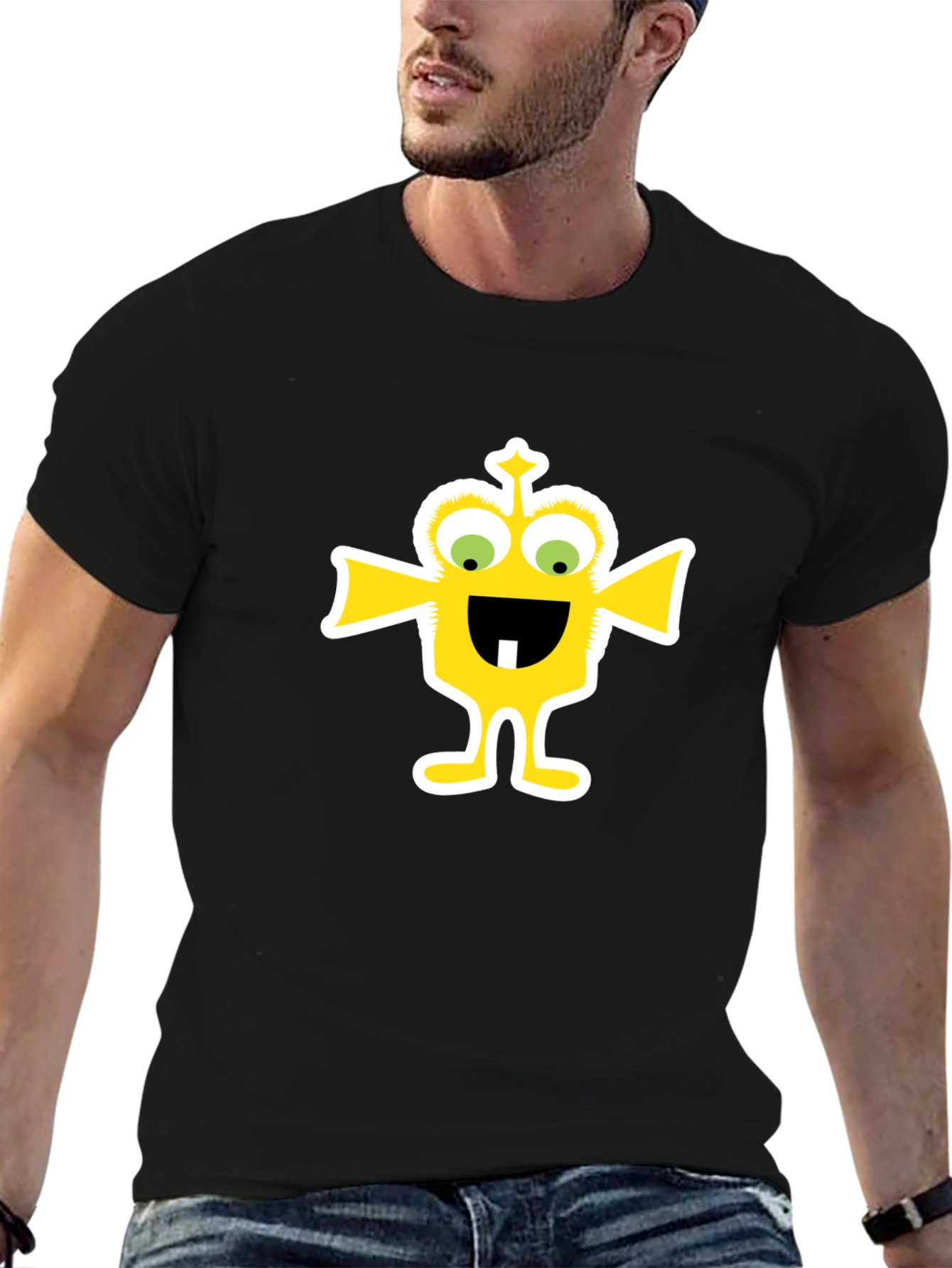Black Funny Yellow Monster Graphic Tee - Black Cotton T-Shirt view 6