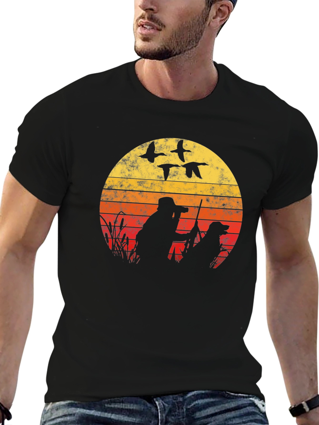 Black Vintage Sunset Duck Hunting T-Shirt view 6