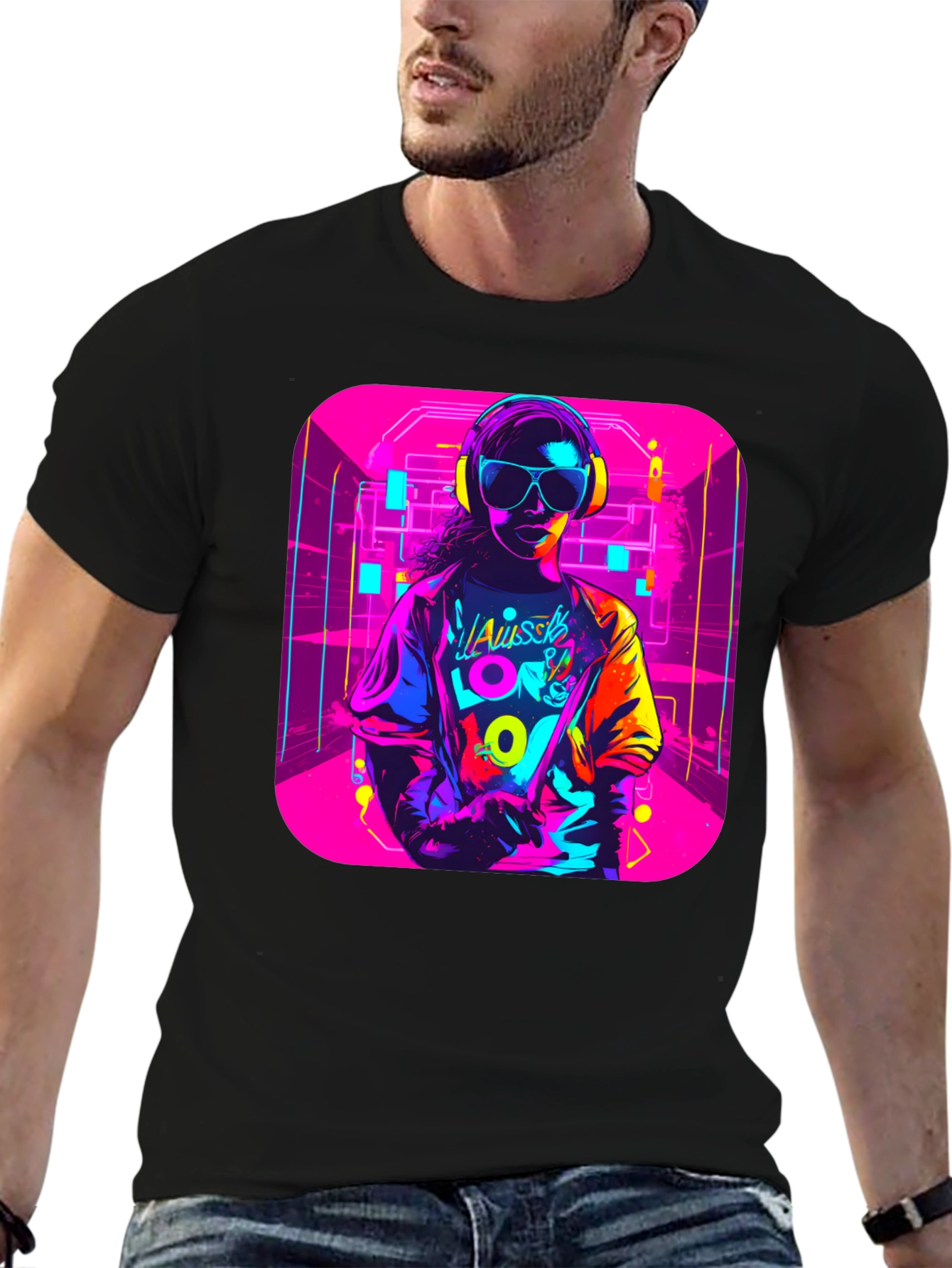 Black Neon 80s Retro T-Shirt - Unisex Black Tee view 6