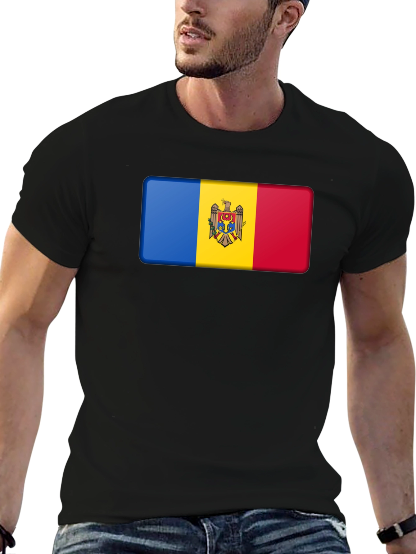 Black Moldova Flag T-Shirt - Black Cotton Tee view 6