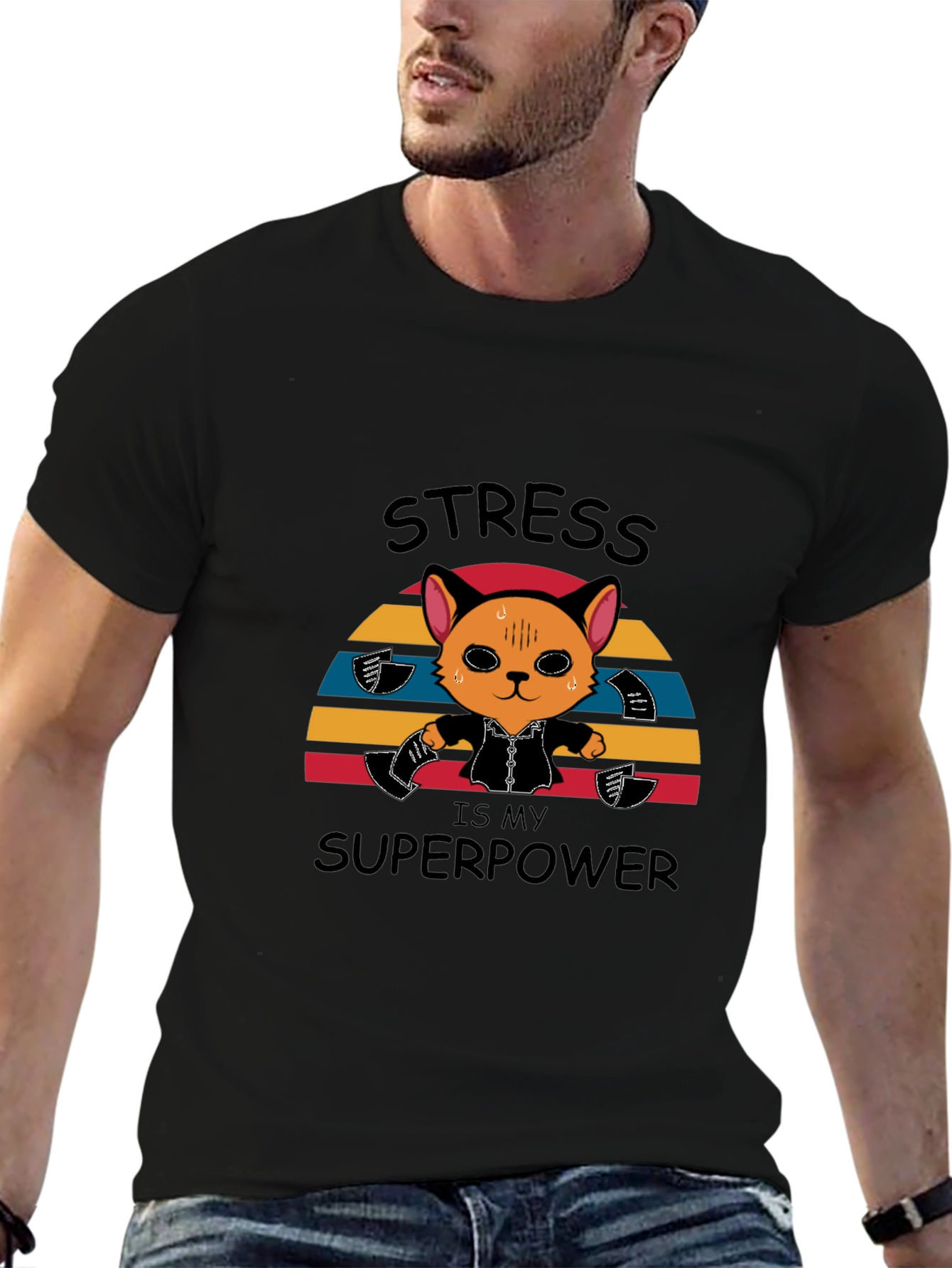 Black Stress is My Superpower Funny Cat T-Shirt view 6