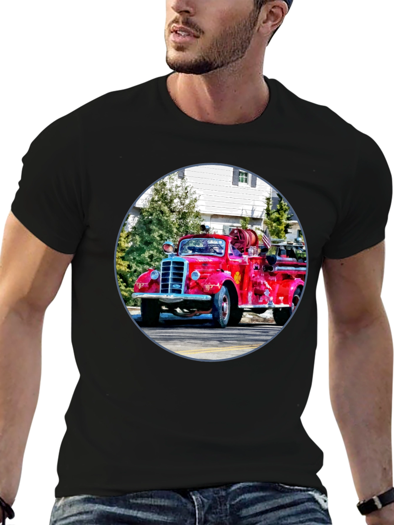 Black Vintage Fire Truck Graphic T-Shirt - Classic Design view 6