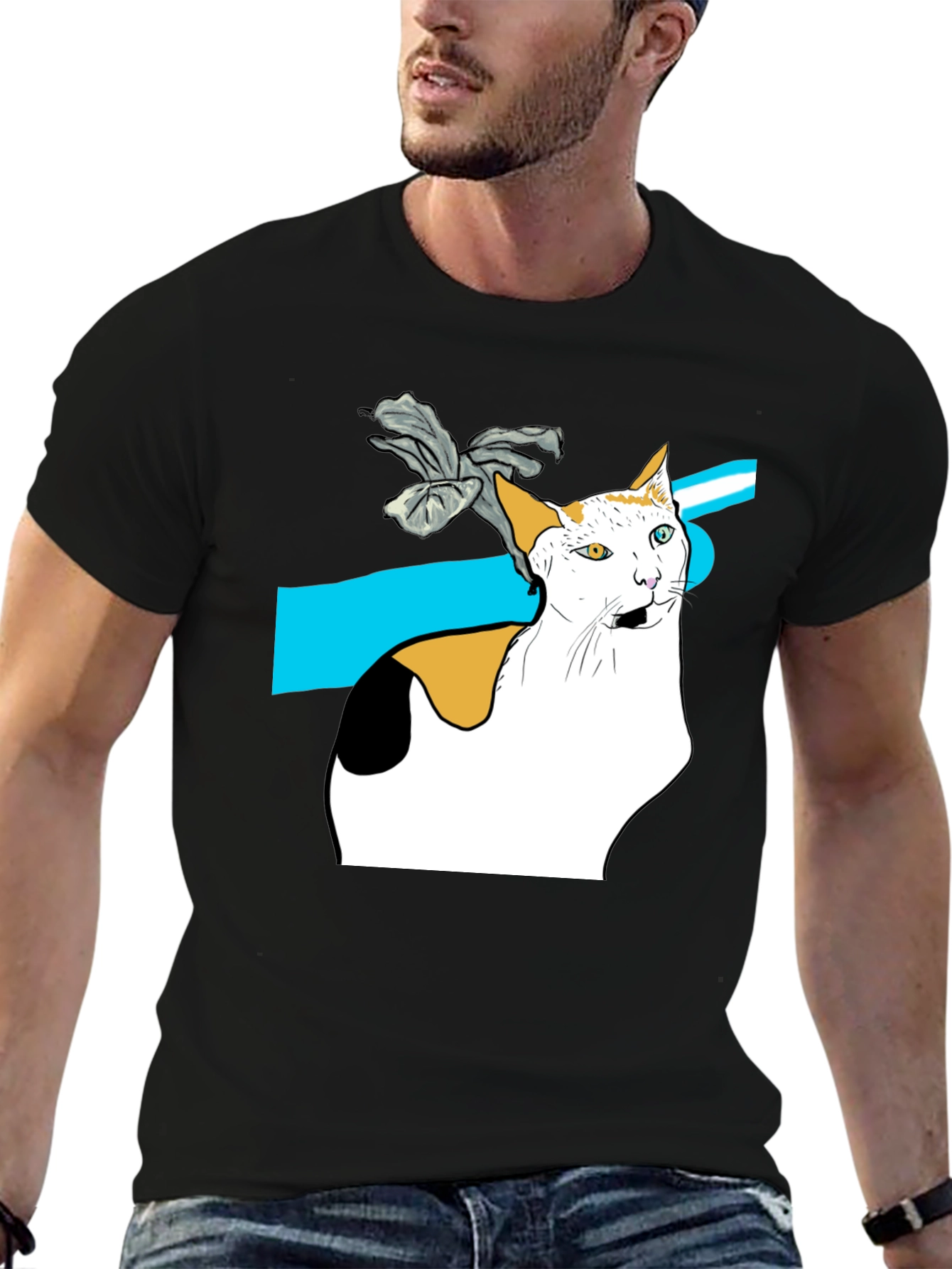 Black Cat Graphic Tee - Unique Heterochromia Cat Design view 6