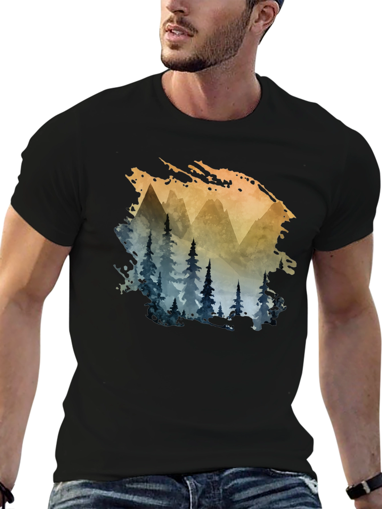 Black Watercolor Mountain & Trees Graphic Tee - Black view 6