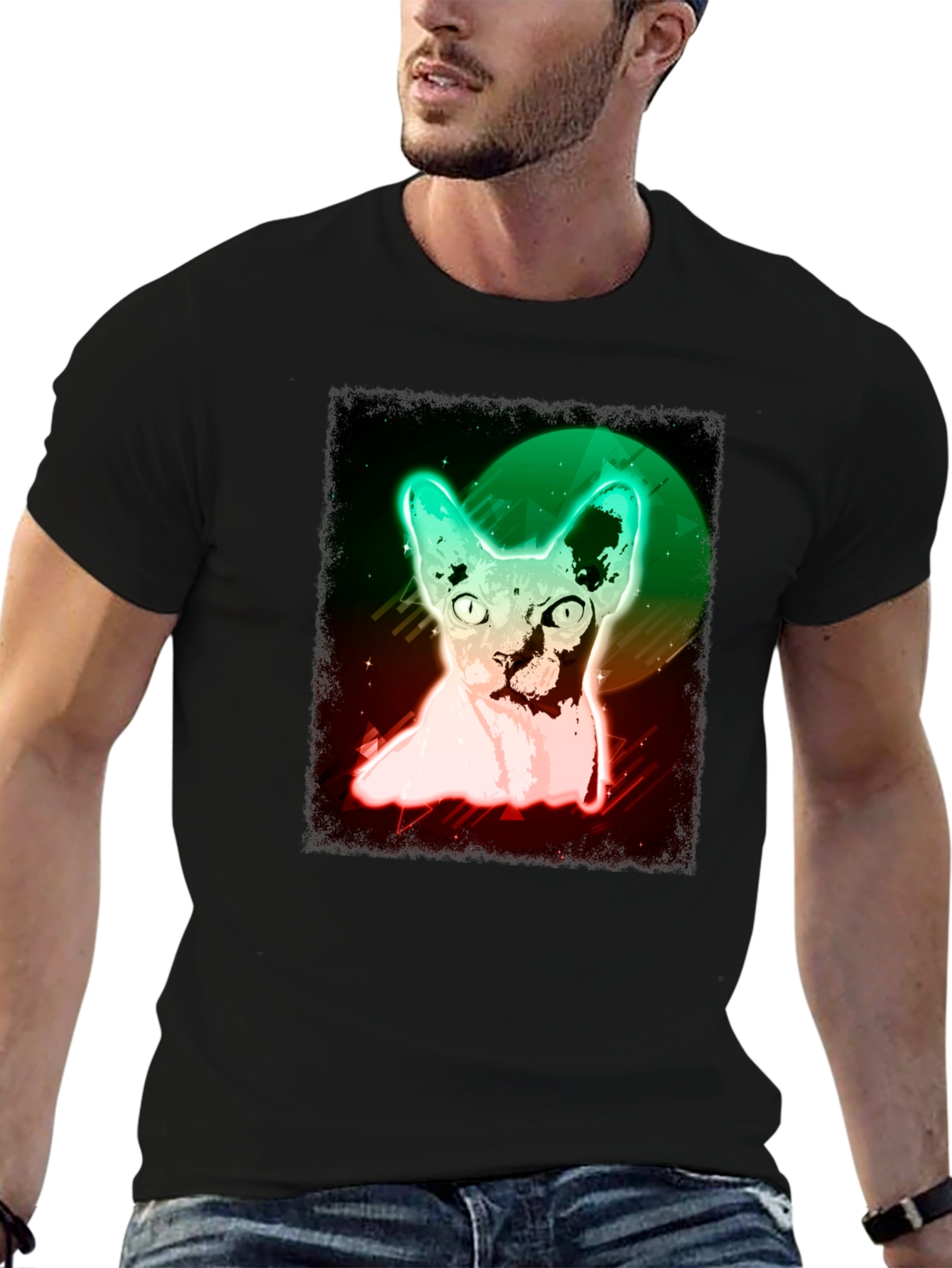 Black Neon Sphynx Cat T-Shirt - Unique Graphic Tee view 6