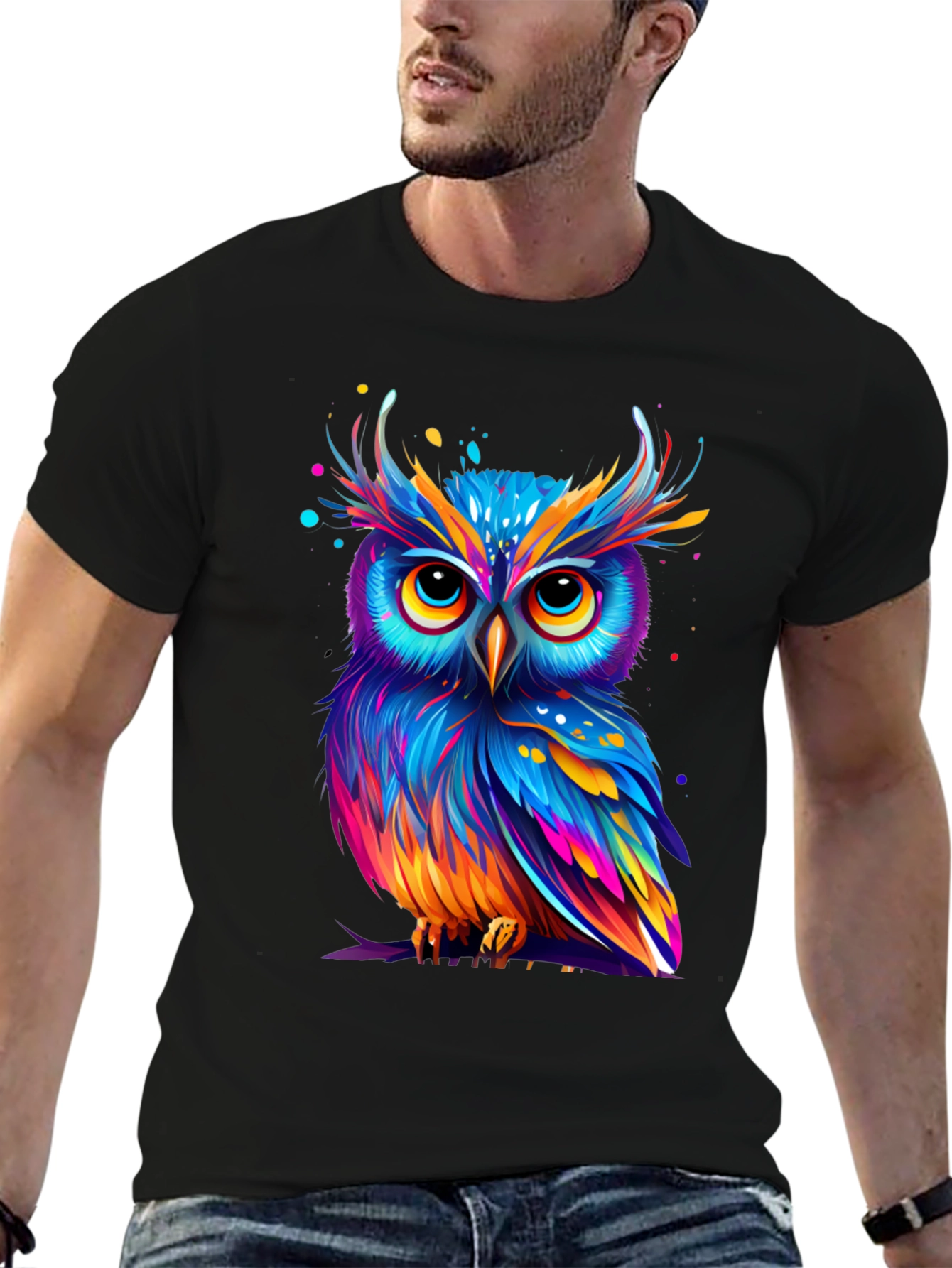 Black Colorful Owl Graphic Tee - Unique Art T-Shirt view 6
