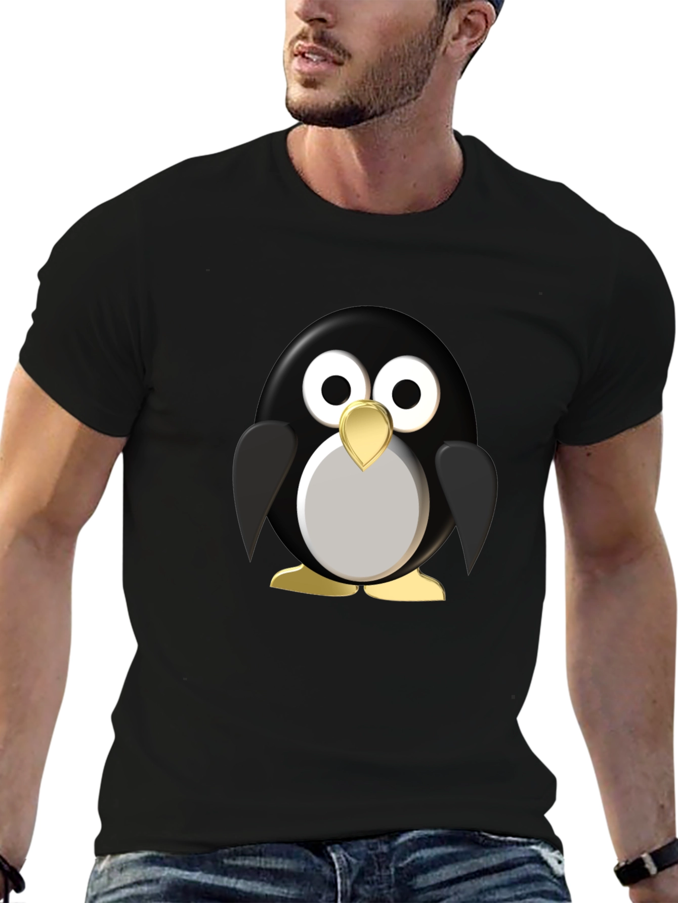 Black Cartoon Penguin Graphic Black T-Shirt view 6